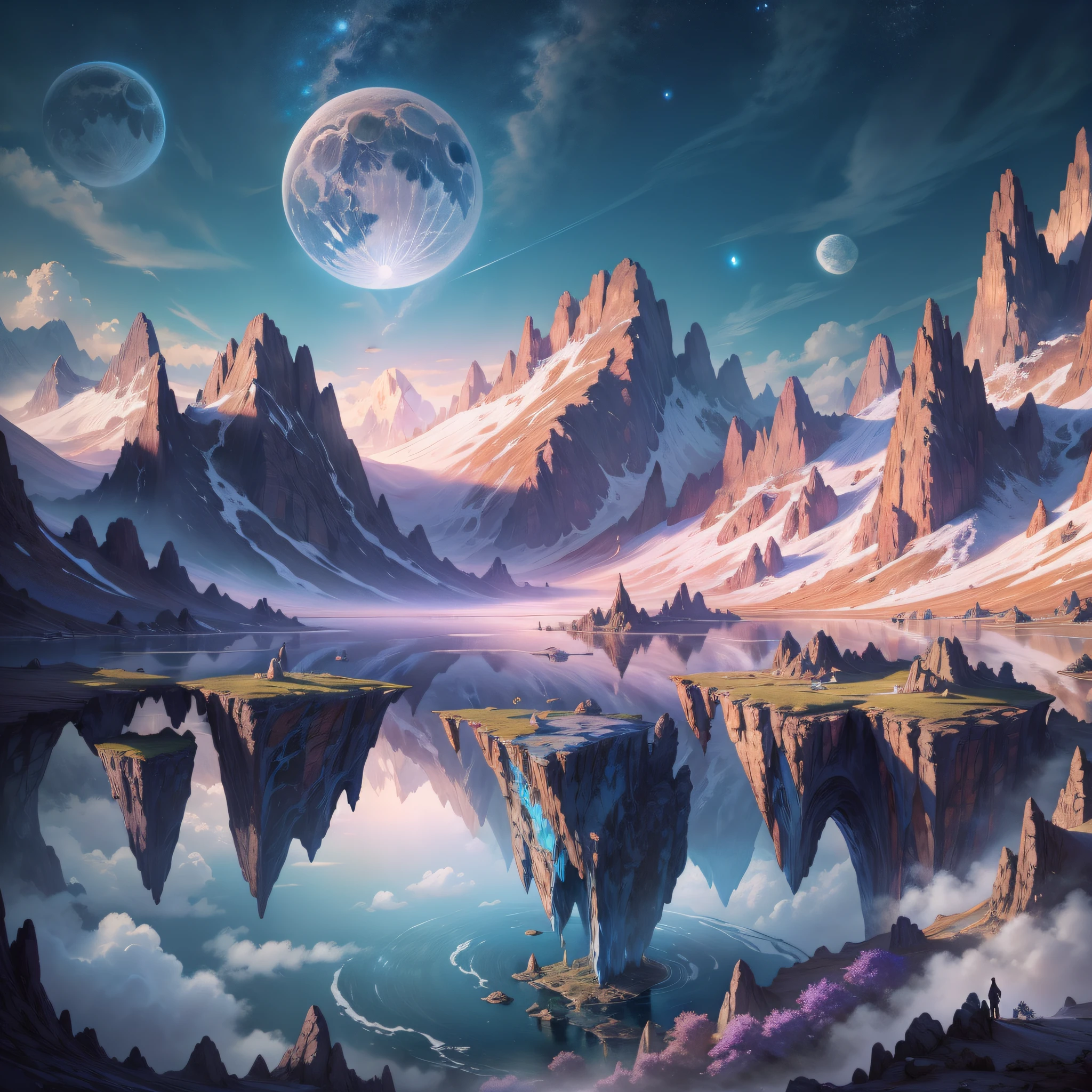 (enlarged: 1.1), mountains and a lake with a moon in the sky, 4k highly detailed digital art, 4k hd very detailed wallpaper, stunning fantasy landscape, sci-fi fantasy desktop wallpaper, unreal engine 4k wallpaper, 4k detailed digital art, sci-fi fantasy wallpaper, epic dreamlike fantasy landscape, 4k hd matte digital painting, 8k stunning art