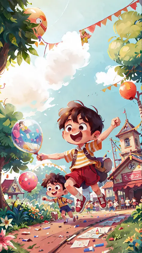 Poster making, Children's Day, in the amusement park, a little boy holding a balloon, happy, jumping, happy --v 6