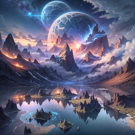 (enlarged: 1.1), mountains and a lake with a moon in the sky, 4k highly detailed digital art, 4k hd very detailed wallpaper, stu...