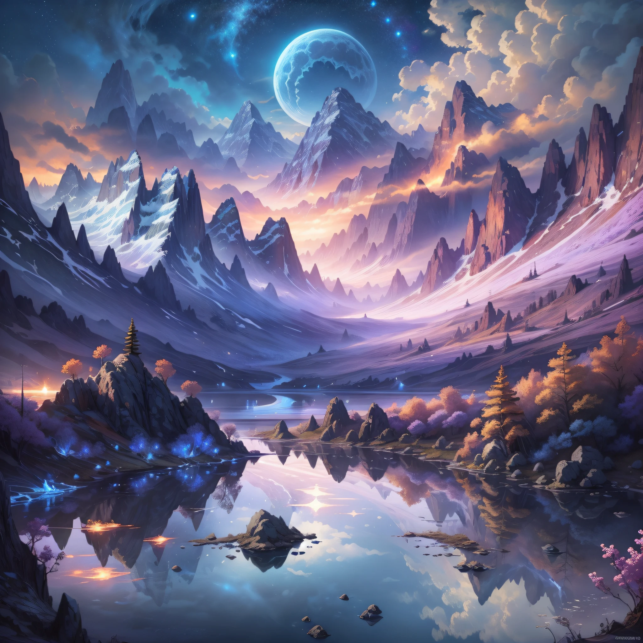 (enlarged: 1.1), mountains and a lake with a moon in the sky, 4k highly detailed digital art, 4k hd very detailed wallpaper, stunning fantasy landscape, sci-fi fantasy desktop wallpaper, unreal engine 4k wallpaper, 4k detailed digital art, sci-fi fantasy wallpaper, epic dreamlike fantasy landscape, 4k hd matte digital painting, 8k stunning art