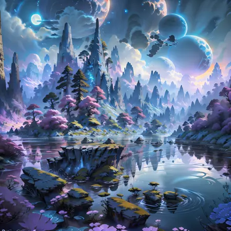 (enlarged: 1.1), mountains and a lake with a moon in the sky, 4k highly detailed digital art, 4k hd very detailed wallpaper, stunning fantasy landscape, sci-fi fantasy desktop wallpaper, unreal engine 4k wallpaper, 4k detailed digital art, sci-fi fantasy w...