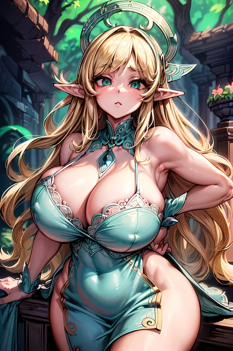 (Ultra Quality,Unparalleled Masterpiece:1.4)Overwhelmingly Pixel-Perfect,Ultra-Detailed CG 4K,(Voluminous Long Blonde Hair: 1.4)Elf,Gorgeous Round Detailed Face(Voluptuous:1.4)(Gigantic Breasts:1.8)(Bangs, Sidelocks:1.2)(Ultra-Detailed Clear Absurdly-Vivid...