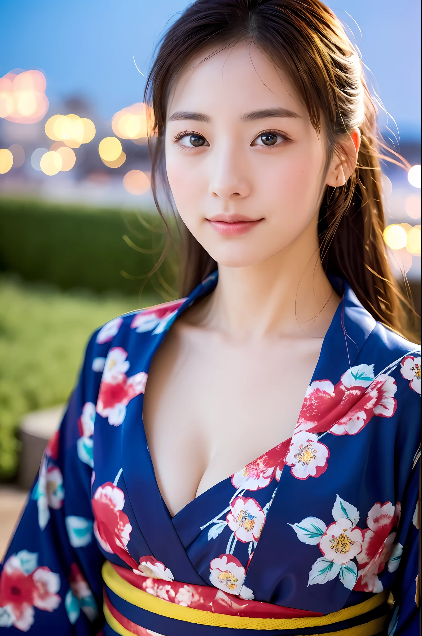((Meisterwerk, höchste Qualität, Super Definition, Hochauflösend)), Allein, schönes Mädchen, leuchtende Augen, perfekte Augen, schöne Schwester von Japan, flauschige Brust, Dekollete, Yukata mit rotem Blumenmuster, Feuerwerk im Hintergrund
