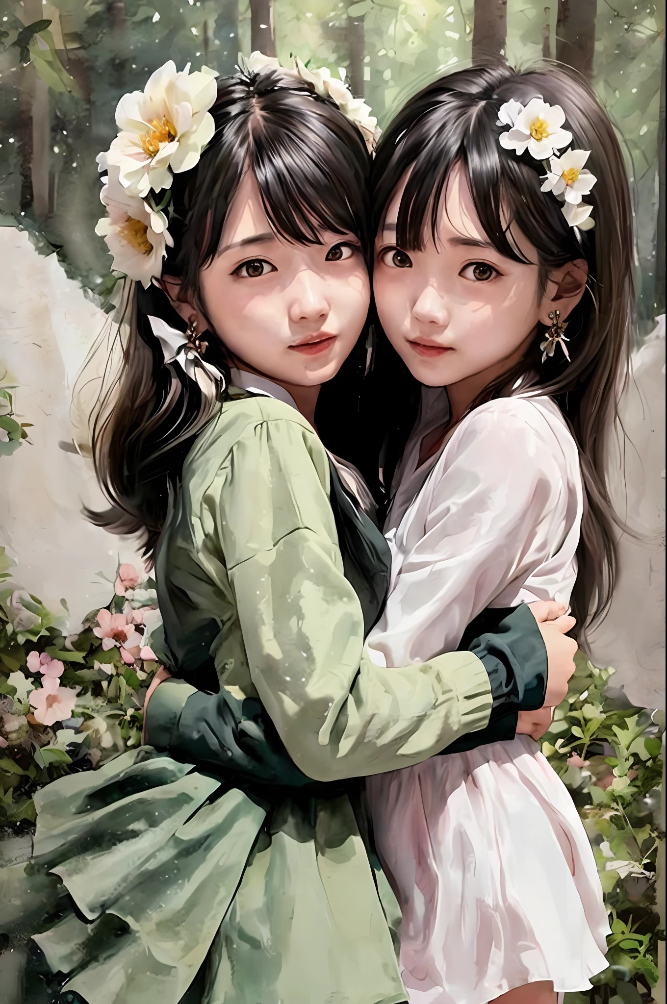 two female anime characters that hug each other in the forest in front of trees, multiple girls, dress, smile, 2girls, open mouth, gloves, braid, earrings, white dress, jewelry, one eye closed, hair flower, hair ornament, white gloves, hug, long hair, flower, elbow gloves, red eyes, looking at viewer, bangs, brown hair, blush, bow, yellow eyes, bare shoulders, black hair, blurry background, ;d, blurry