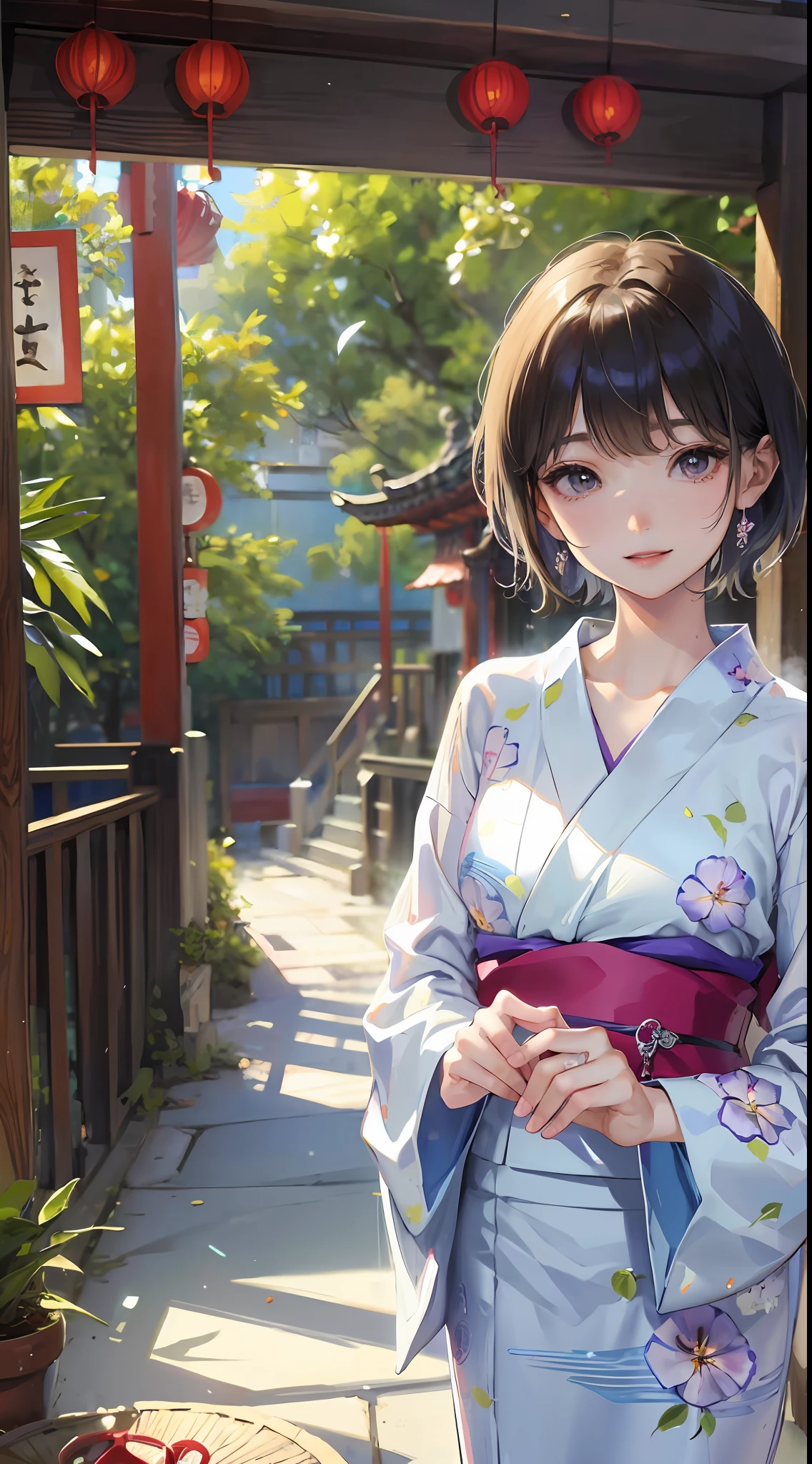 wind chimes, morning glory, girl in yukata, short cut hair, temple, festival, summer, sweat, water, standing figure, white skin, clear skin, smile,