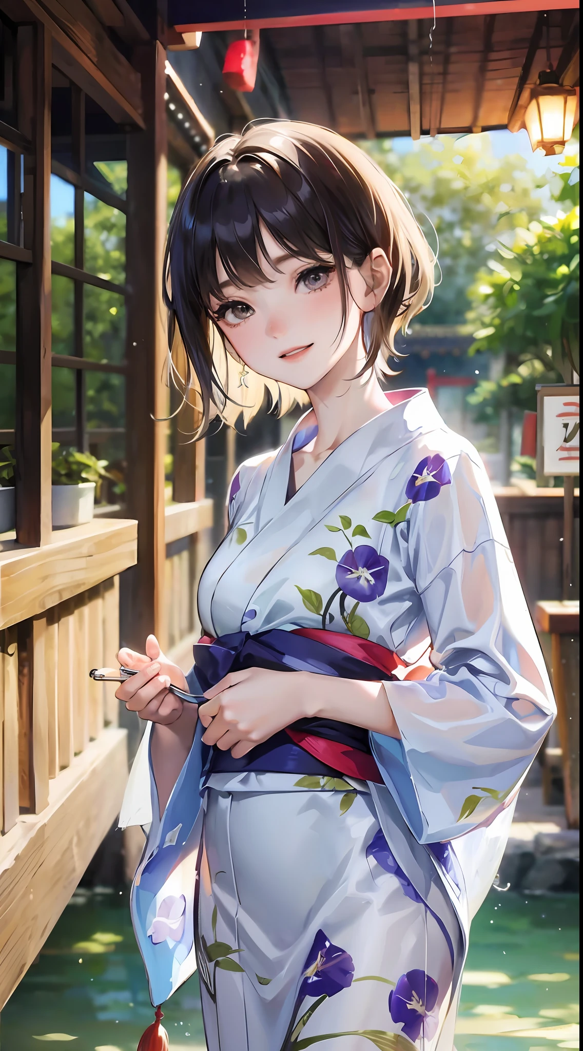 wind chimes, morning glory, girl in yukata, short cut hair, temple, festival, summer, sweat, water, standing figure, white skin, clear skin, smile,