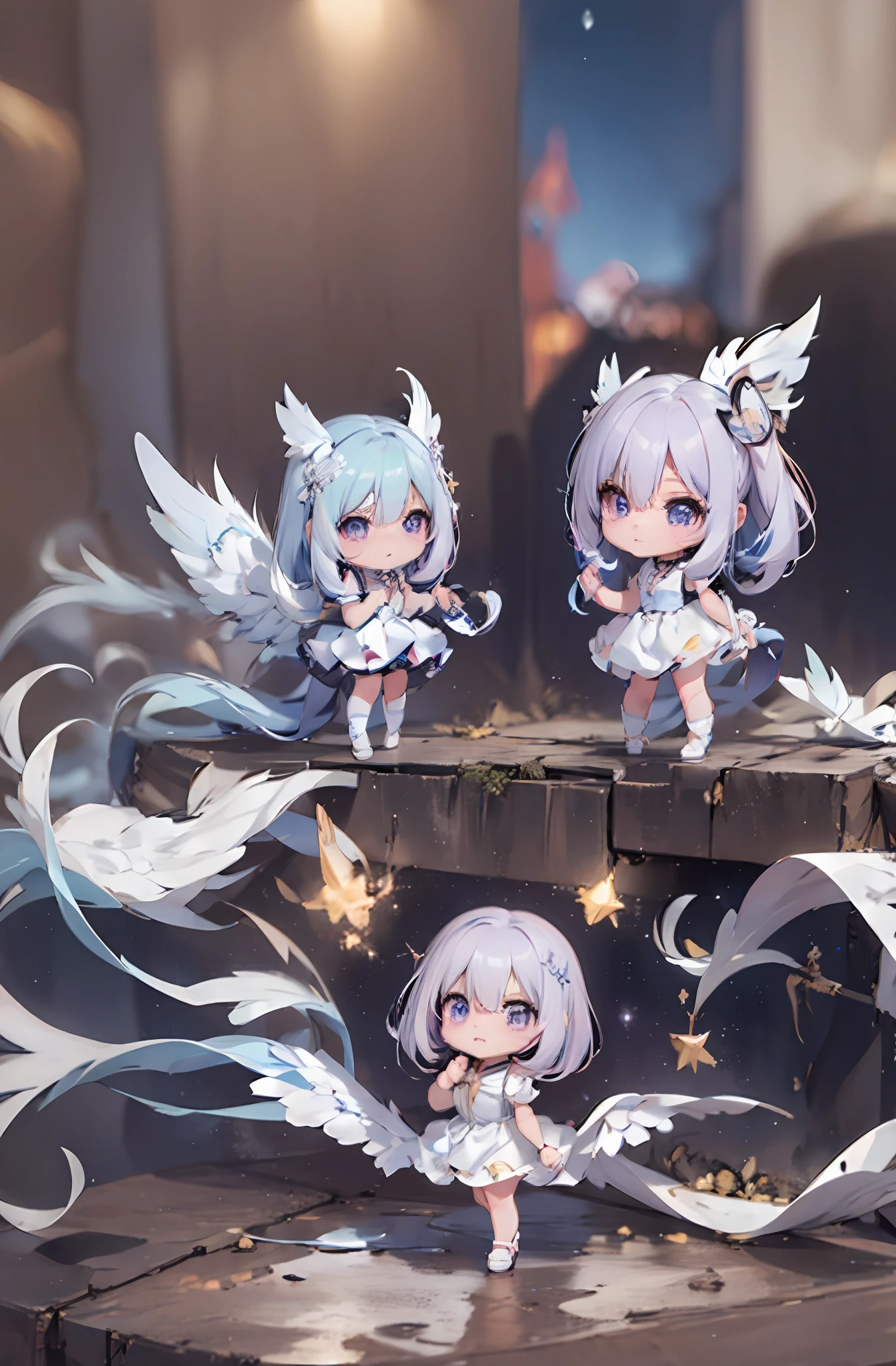 1 anime angel doll, (Chibi: 1.2), 8K high quality detail art, white feathers on the back, light purple hair, gradient, twinkle, style as Nendoroid, stylized anime, anime style 4K, cute detailed digital art, Guweiz style artwork, 8K octar rendering photos, advanced digital chibi art, Cute 3d render, anime style, light, glow