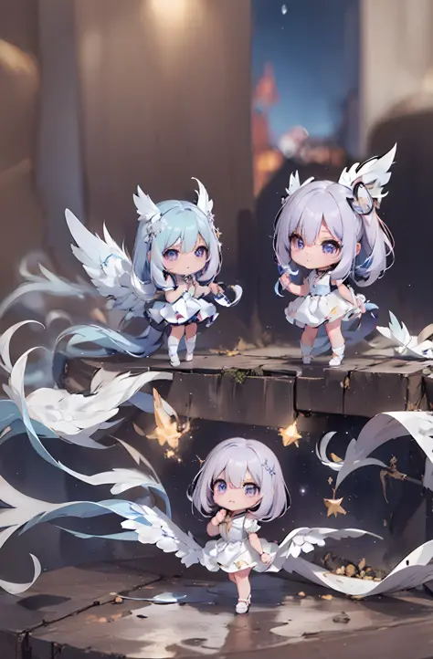 1 anime angel doll, (Chibi: 1.2), 8K high quality detail art, white feathers on the back, light purple hair, gradient, twinkle, ...