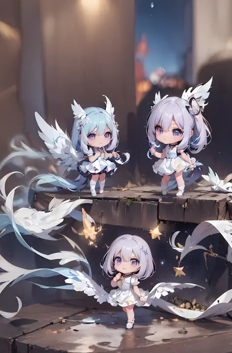 1 anime angel doll, (chibi: 1.2), 8k high quality detail art, white feathers on the back, light purple hair, gradient, twinkle, ...