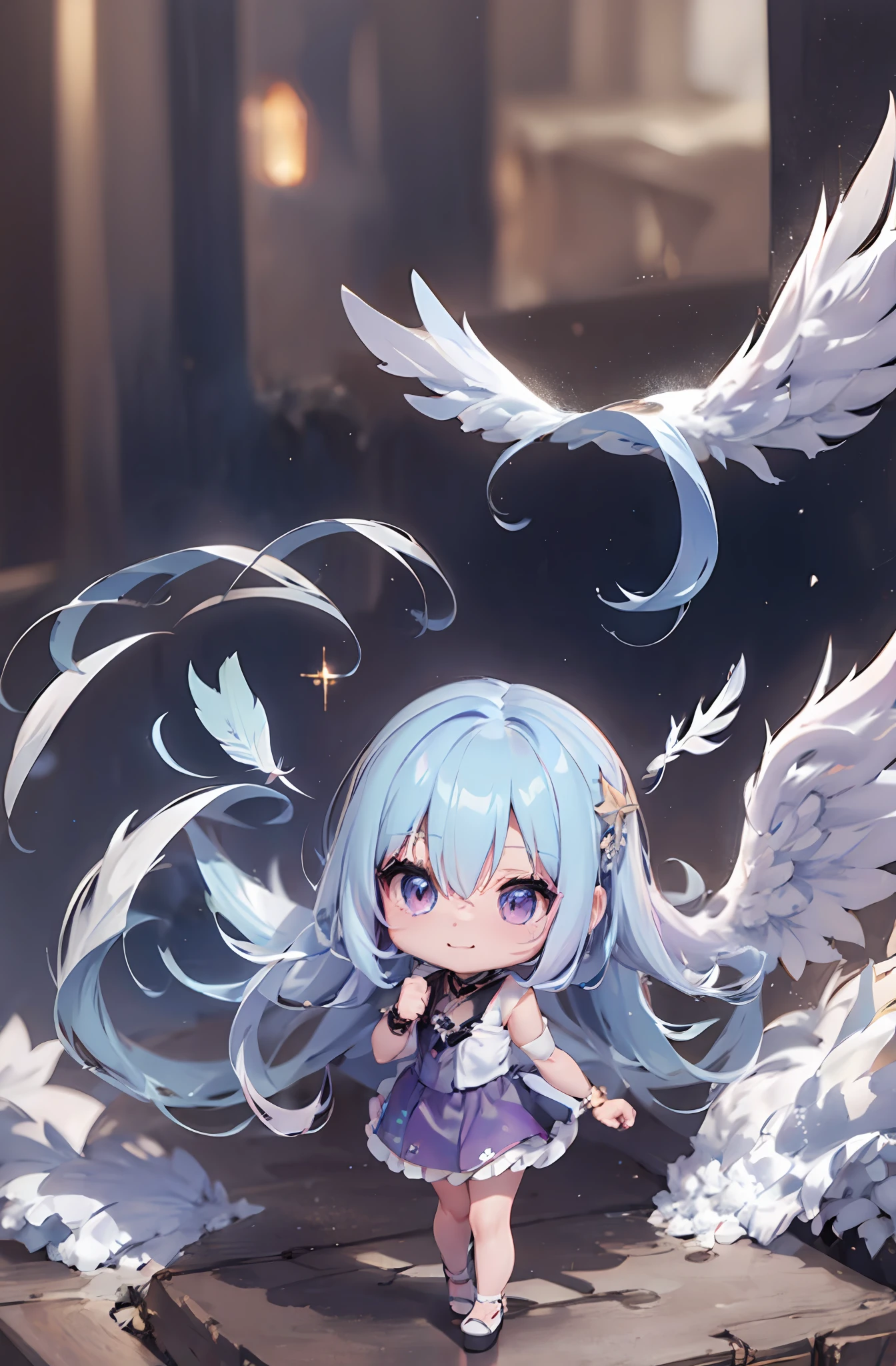 1 anime angel doll, (chibi: 1.2), 8K-Detailkunst in hoher Qualität, weiße Federn auf dem Rücken, Licht purple hair, Gradient, twinkle, style as Nendoroid, Stilisierter Anime, Anime-Stil 4K, süße detaillierte digitale Kunst, Guweiz style artwork, 8K-Octar-Rendering-Fotos, fortgeschrittene digitale Chibi-Kunst, Cute 3d render, Anime-Stil, Licht, Glühen