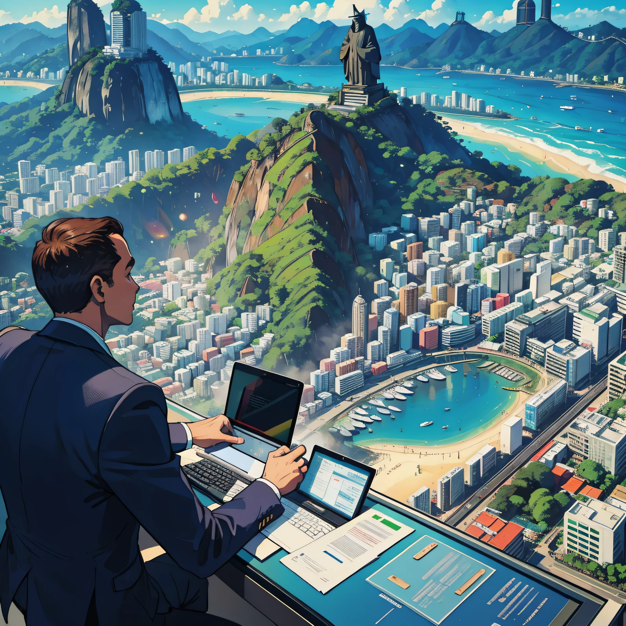 Homme d&#39;affaires frappant un ordinateur près du Corcovado à Rio, Brésil, cool, Émotionnel, corcovado, colline, christianisme, Émotionnel, Vue aérienne, Vue aérienne, --auto --s2