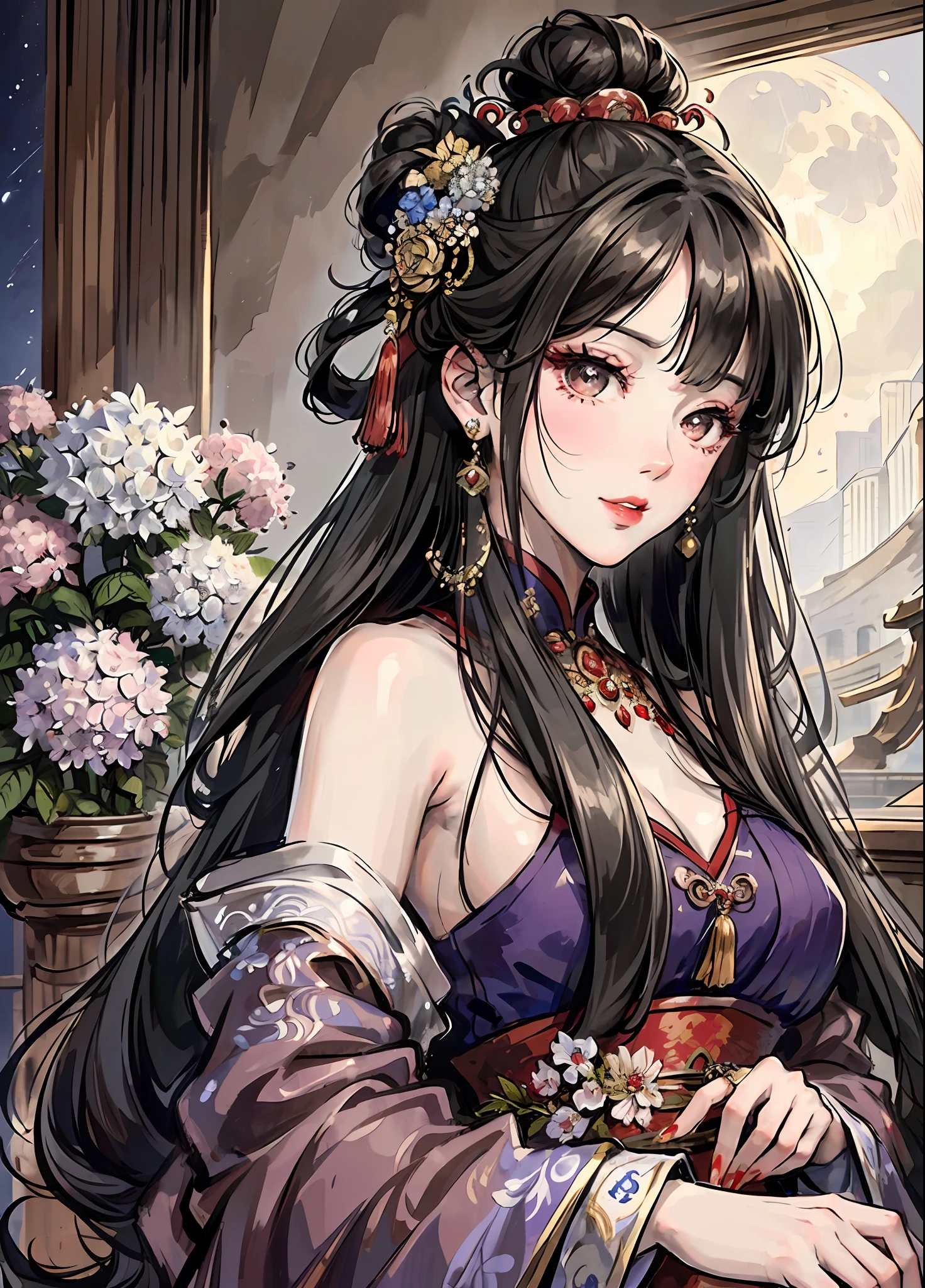 Masterpiece, Superb Product, Night, Full Moon, 1 Woman, Mature Woman, Chinese Style, Antique Chinese, Sister, Royal Sister, Smile, Brunette Hair, Updo, Red Lips, Calm, Intellectual, Hairpin, Hair Flower, Detailed Facial Details, Detailed Eyes, Full Body, Gray Eyes, Long Hair, Hydrangeas