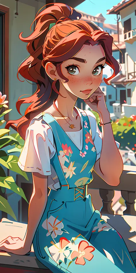 (masterpiece, best quality), 1girl, collarbone, wavy hair, looking at viewer, blurry, upper body, necklace, suspenders, floral print, ponytail, freckles, red hair, sunlight, sitting in balcony of a villa