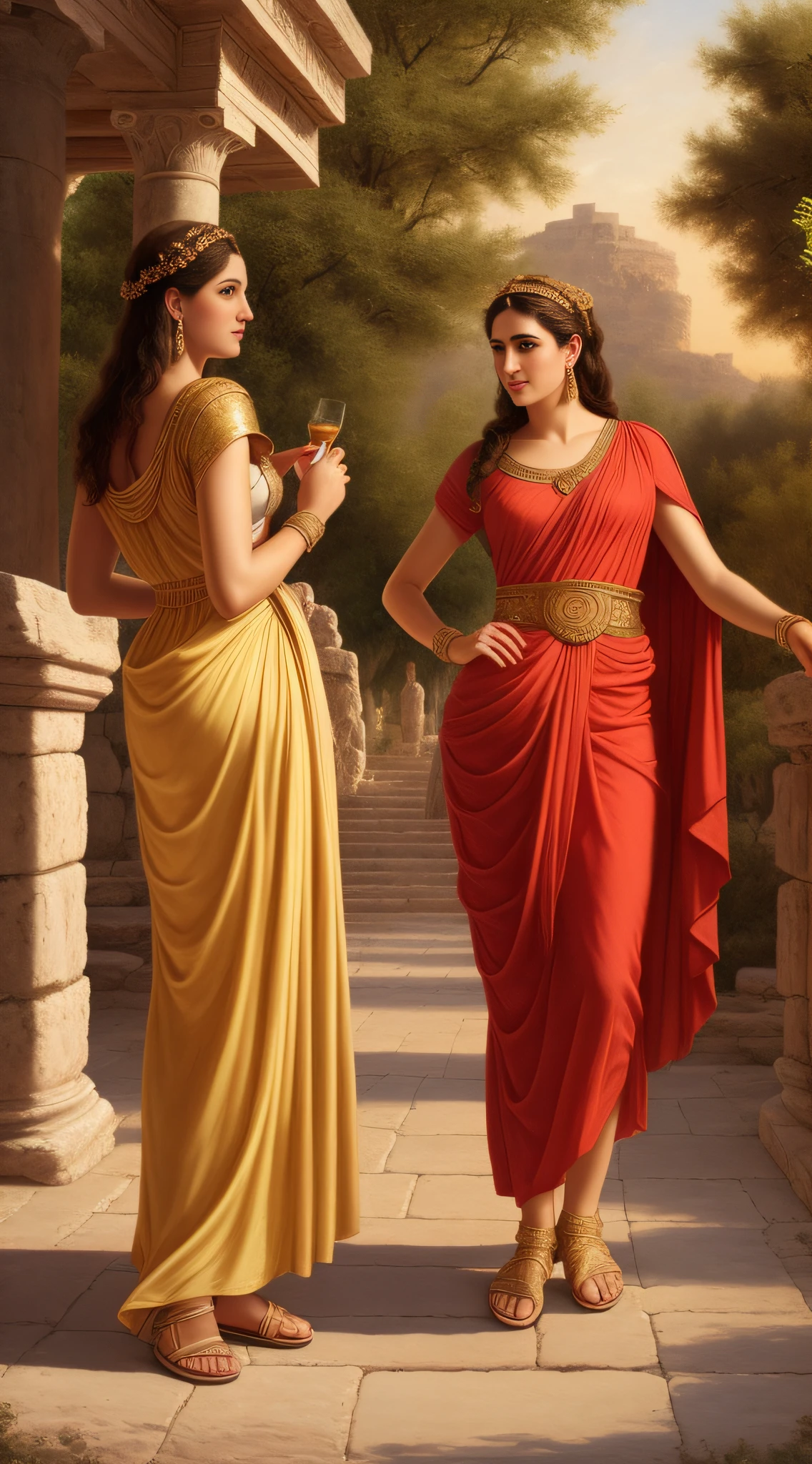 (masterpiece, 8K, UHD, oil painting, photo-realistic:1.3, by Greg Rutkowski), ancient Greek road, (late sunset:1.2), warm golden hues, vibrant atmosphere, three beautiful women, (short ancient Greek dresses:1.2) and (ancient sandals:1.2), standing at the sidewalk, flirtatiously engaging with ancient Greek passengers, (party-mile atmosphere:1.2), laughter in the air, ancient Greek era, realistic style, intricate details, capturing the allure and playfulness of the scene.