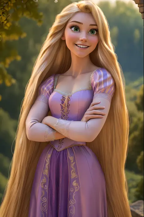rapunzel, 1girl, solo, long hair, smile, blonde hair, dress, very long hair, green eyes, crossed arms, nude (masterpiece:1.2), (best quality), (ultra detailed), (8k, 4k, intricate),(full-body-shot:1), (highly detailed:1.2),(detailed face:1.2),(detailed bac...