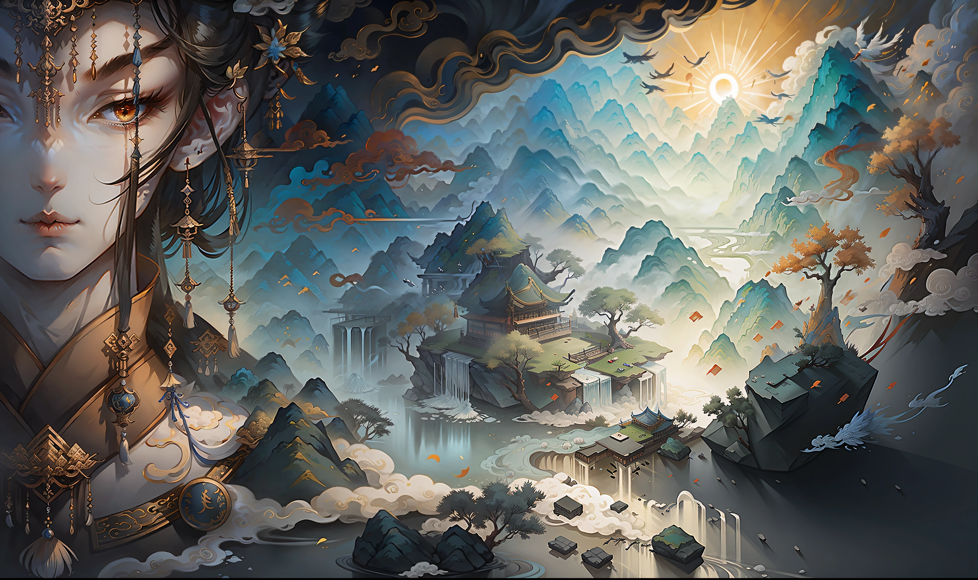 Ancient Chinese landscape, mountains, rivers, auspicious clouds, sunlight, masterpiece, super detail, epic composition, ultra high definition, high quality, extremely detailed, official art, uniform 8k wallpaper, super detail, 32k -- v 6