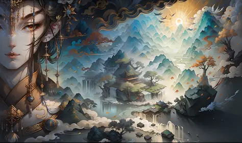Ancient Chinese landscape, mountains, rivers, auspicious clouds, sunlight, masterpiece, super detail, epic composition, ultra high definition, high quality, extremely detailed, official art, uniform 8k wallpaper, super detail, 32k -- v 6