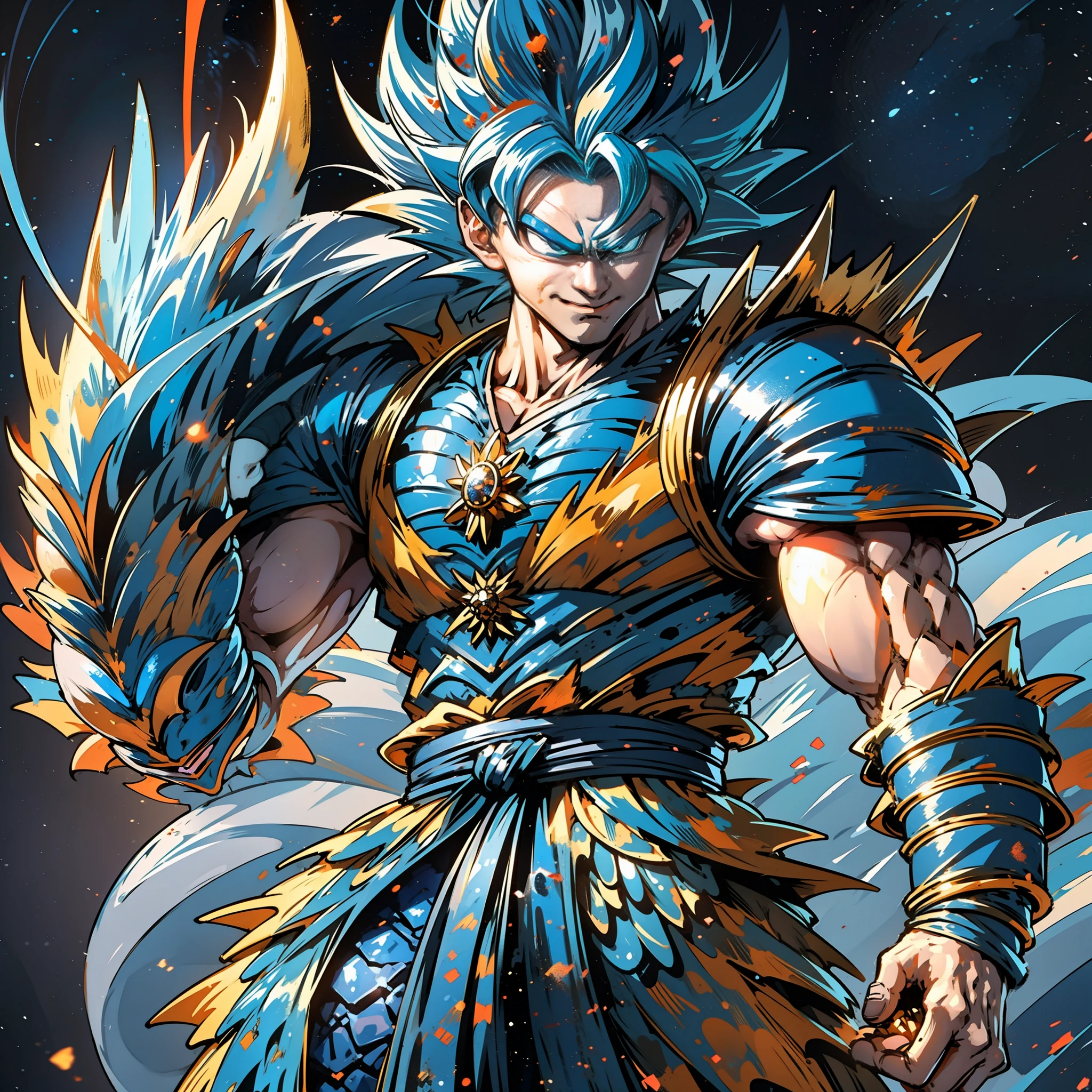 Dans Dragon Ball, Son Goku revêt une armure faite d’écailles de dragon et éclate avec une lumière de particules bleues