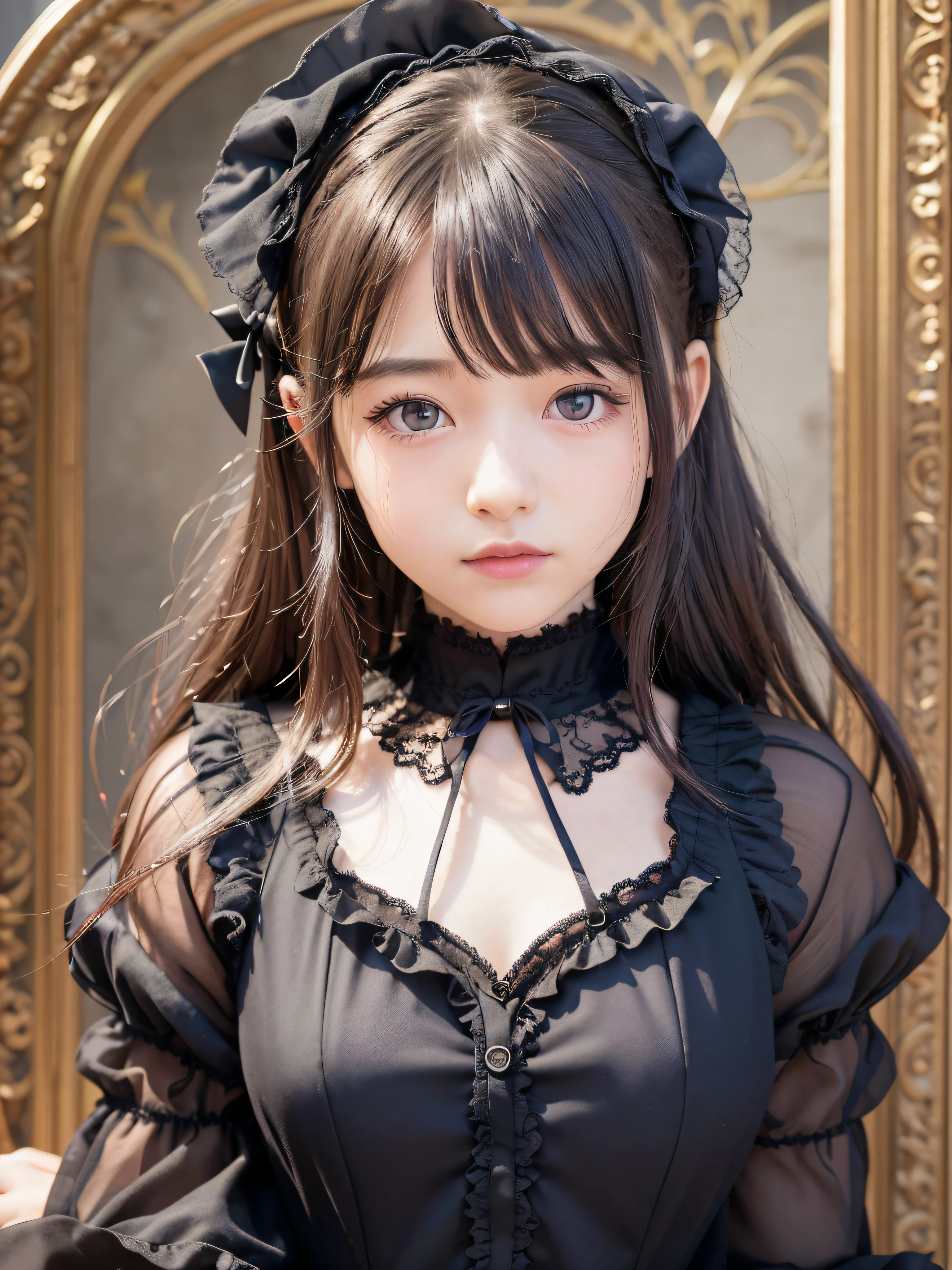 1 Nogizaka-Mädchen, total süß, bishojo, 16 Jahre, Gothic-Lolita-Mode, ein exquisit detailliertes und schönes Gesicht und Augen und Haut, detailliertes schwarz glänzendes Haar, elegante Rüschen, Krawatte mit Rüschen, Schleifenband, Rosen Haarschmuck, lächle in die Kamera, Ganzkörper, (Burg in Europa), professionelle Beleuchtung, brechen, (realistisch, photo-realistisch:1.37), 8k, (Meisterwerk), (beste Qualität:1.4), (ultrahohe Auflösung:1.2), (RAW-Foto:1.2), (ein Kleid mit zarter Spitze, soft fabric, und einem wunderschönen Rosenmuster), Perfekte Anatomie, 4 Finger und 1 Daumen, ultra-detaillierter Hintergrund, (Einheit 8k Hintergrundbild)