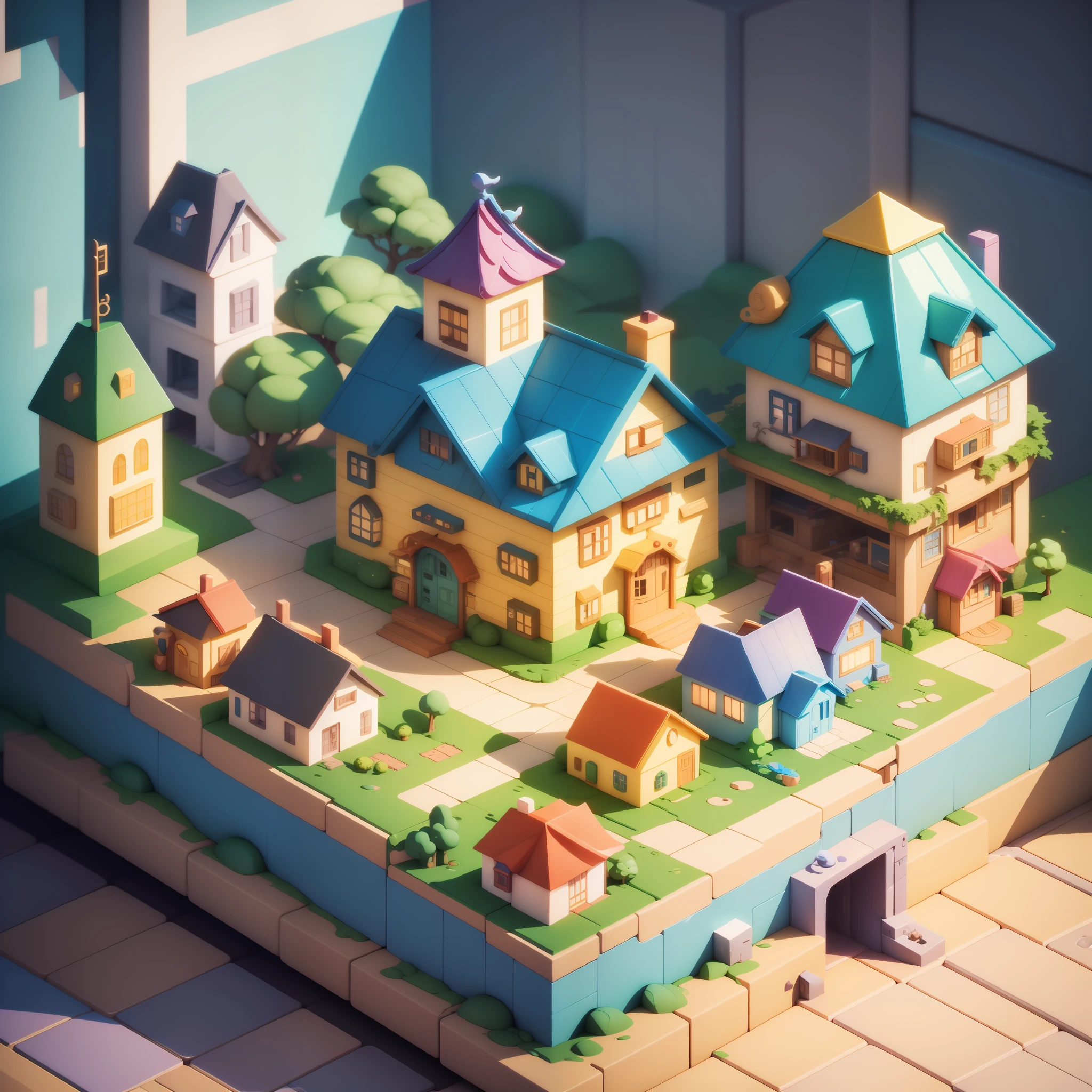 a cartoon image of a house with a cat on top of it, isometric 3d fantasy cute house, isometric illustration fun, in a candy land style house, vaporwave mall aesthetic, isometric illustration, 3d isometric, 3 d isometric, kawaii hq render, colorful flat surreal design, isometric invironment, isometric art