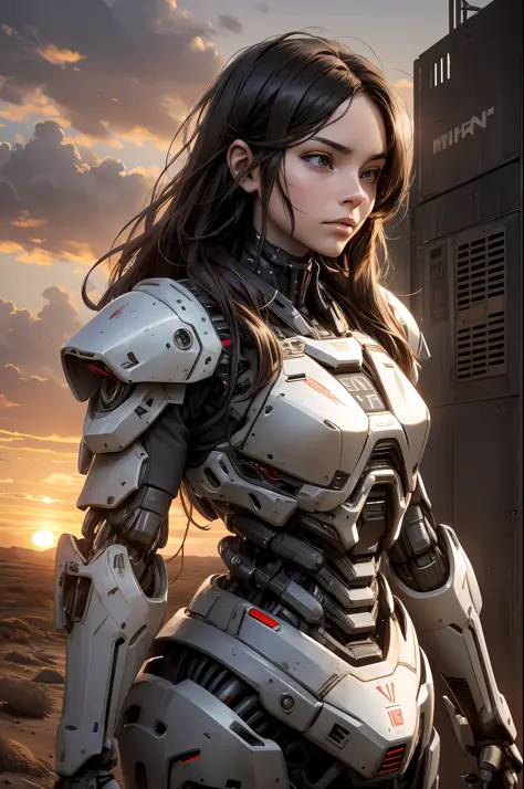 photorealistic photo, mechanical exoskeleton armored robot in the distance, long long hair, bust, sundown, dirt, end of the worl...