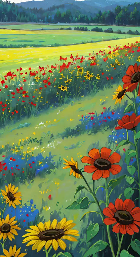 ((masterpiece)), (8k, high_resolution),(best quality), meadow, field, large field, meadow flowers and grasses, landscape, juezlu...