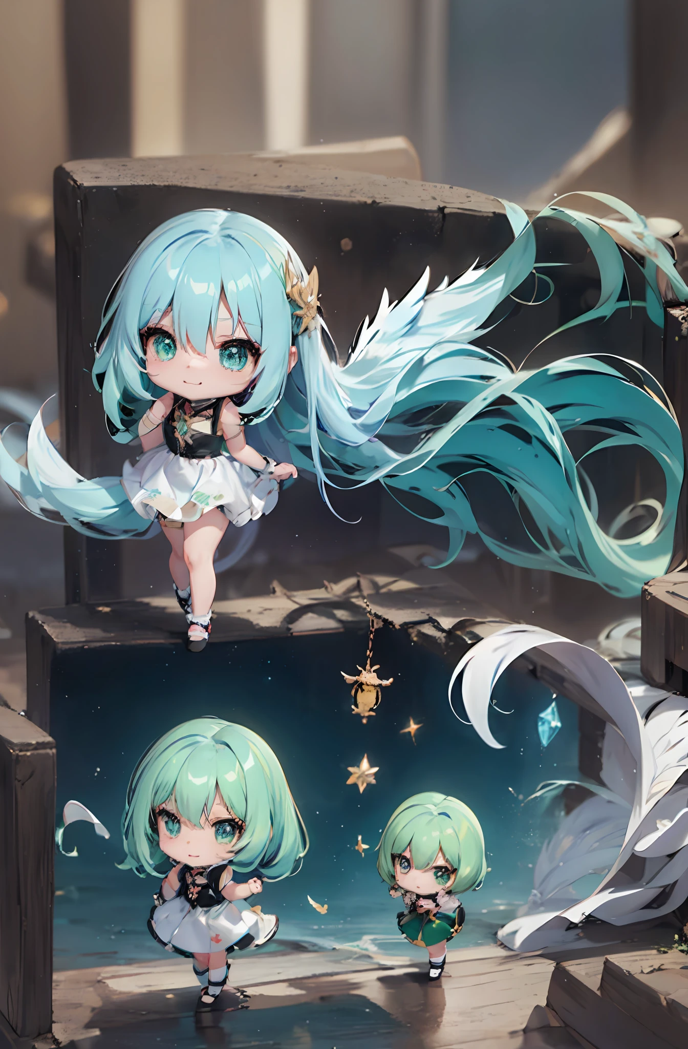 One anime angel doll, (Chibi: 1.2), 8K high quality detail art, white feathers on the back, emerald green hair, gradient, twinkle, style as Nendoroid, stylized anime, anime style 4K, cute detailed digital art, Guweiz style artwork, 8K octar rendering photos, advanced digital chibi art, Cute 3d render, anime style, light, glow