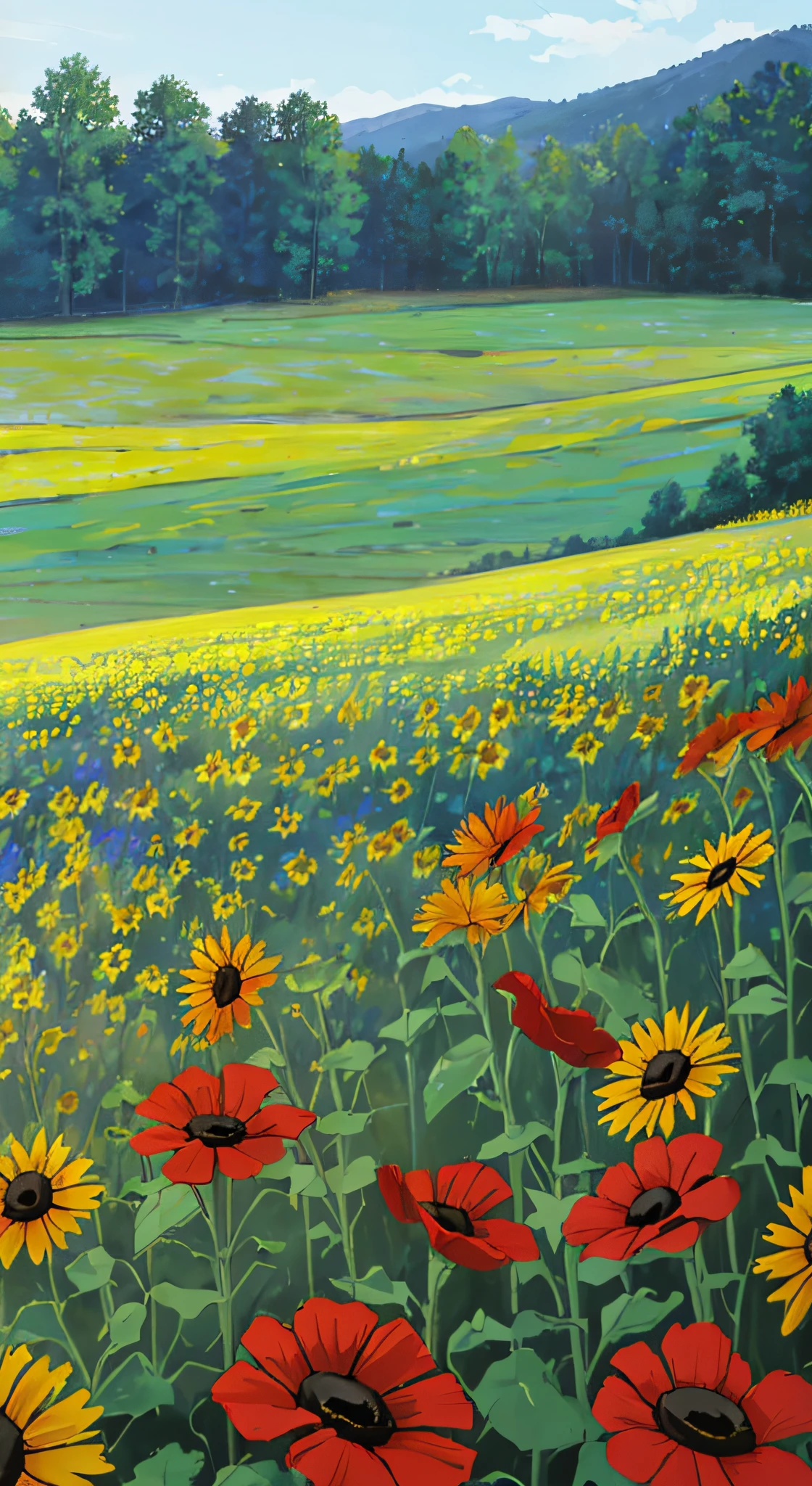 ((chef-d&#39;œuvre)), (8k, haut_résolution),(meilleure qualité), prairie, Champ, large Champ, prairie flowers and grasses, paysage, juezlude, crépuscule, Pas de soleil, Crépuscule, été, Style Kyoani Haruh, prairie blue and red flowers, coquelicots, Pas de soleilflowers, Pas d’arbres, Pas de forêt, only prairie