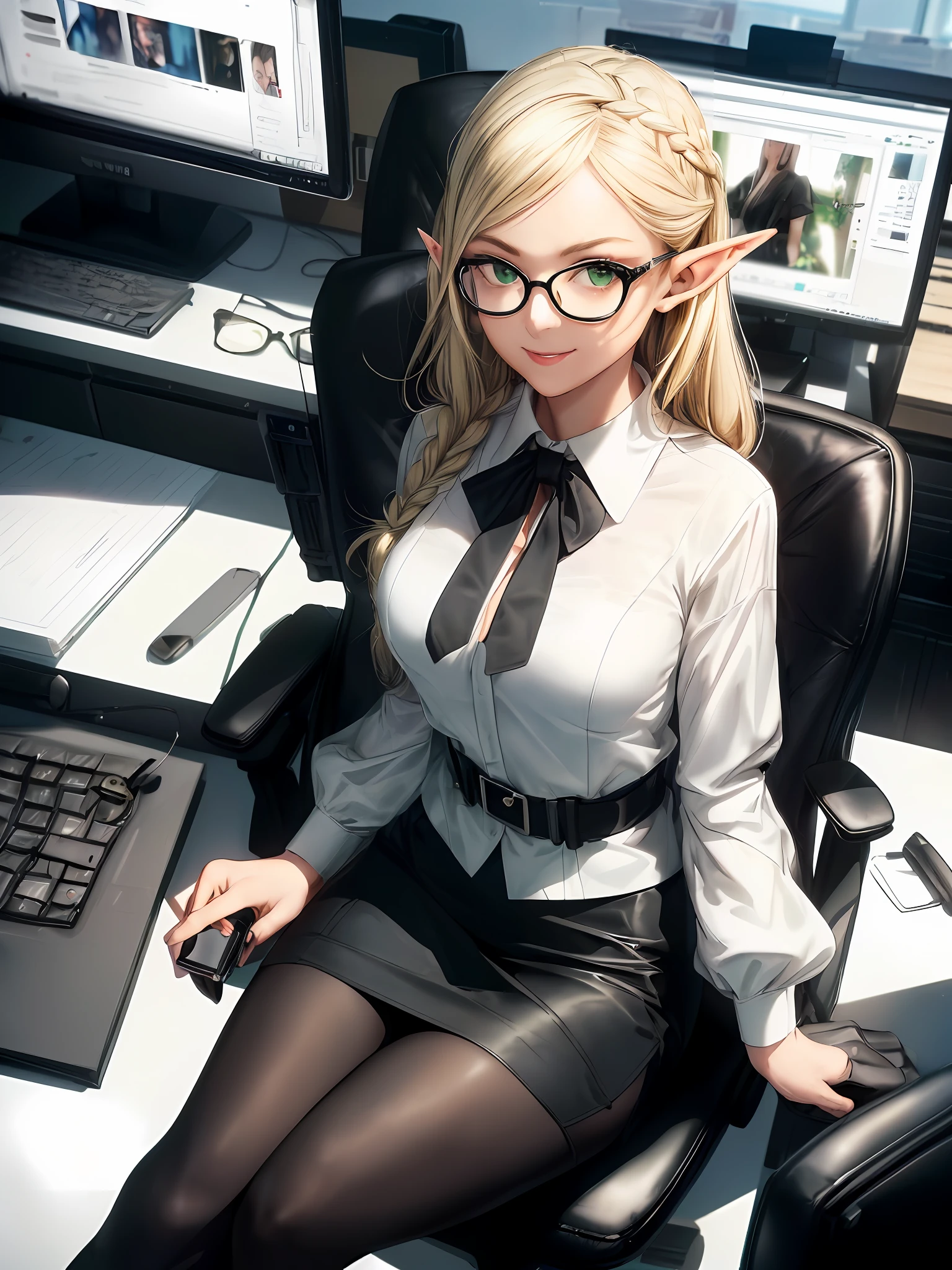 (((Masterpiece, top quality, precision, ultra-detail)))), ((Modern)), ((Elf OL))))), (Elf ears))), break, (((White blouse)), break, (Black and pencil skirt)))), break, (((Black over-the-knee tights))))), (Blonde long braid hair), (Glossy big green eyes)))), (((Big)) ), ((Design office)), (((PC on a stylish office desk))), break, ((Sitting in a black office chair))))), Smile, ((Glasses))), (Tilts head)))), Breeze, (eye forcus)), Dynamic angle, from above