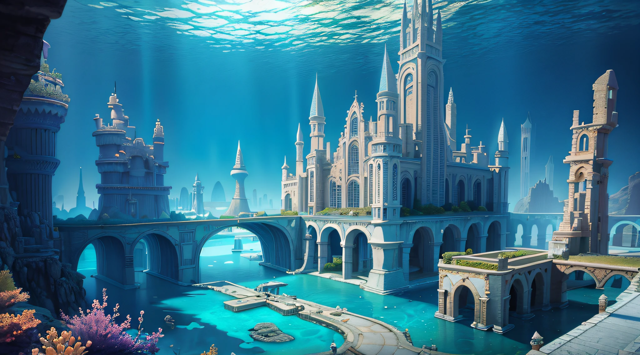 there is a castle in the middle of a body of water, an underwater city, underwater city, atlantis city, city of atlantis, the city of atlantis, futuristic underwater metropolis, the lost city of atlantis, lost city of atlantis, atlantis background, fantasy capital city, futuristic castle, an immense floating castle, fantasy city background, fantasy cityscape, stylized urban fantasy artwork