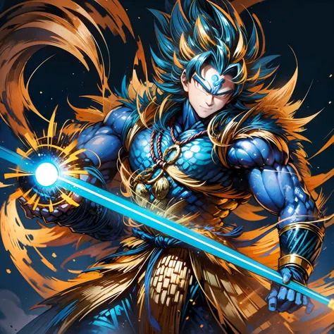 In Dragon Ball, Sun Wukong put on armor made of dragon scales, burst out blue particle light, and took a half-body photo