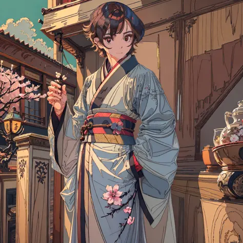 A boy with brown hair and gray eyes wearing a kimono with soft shades of light gray, with a touch of grayish blue. It has a disc...