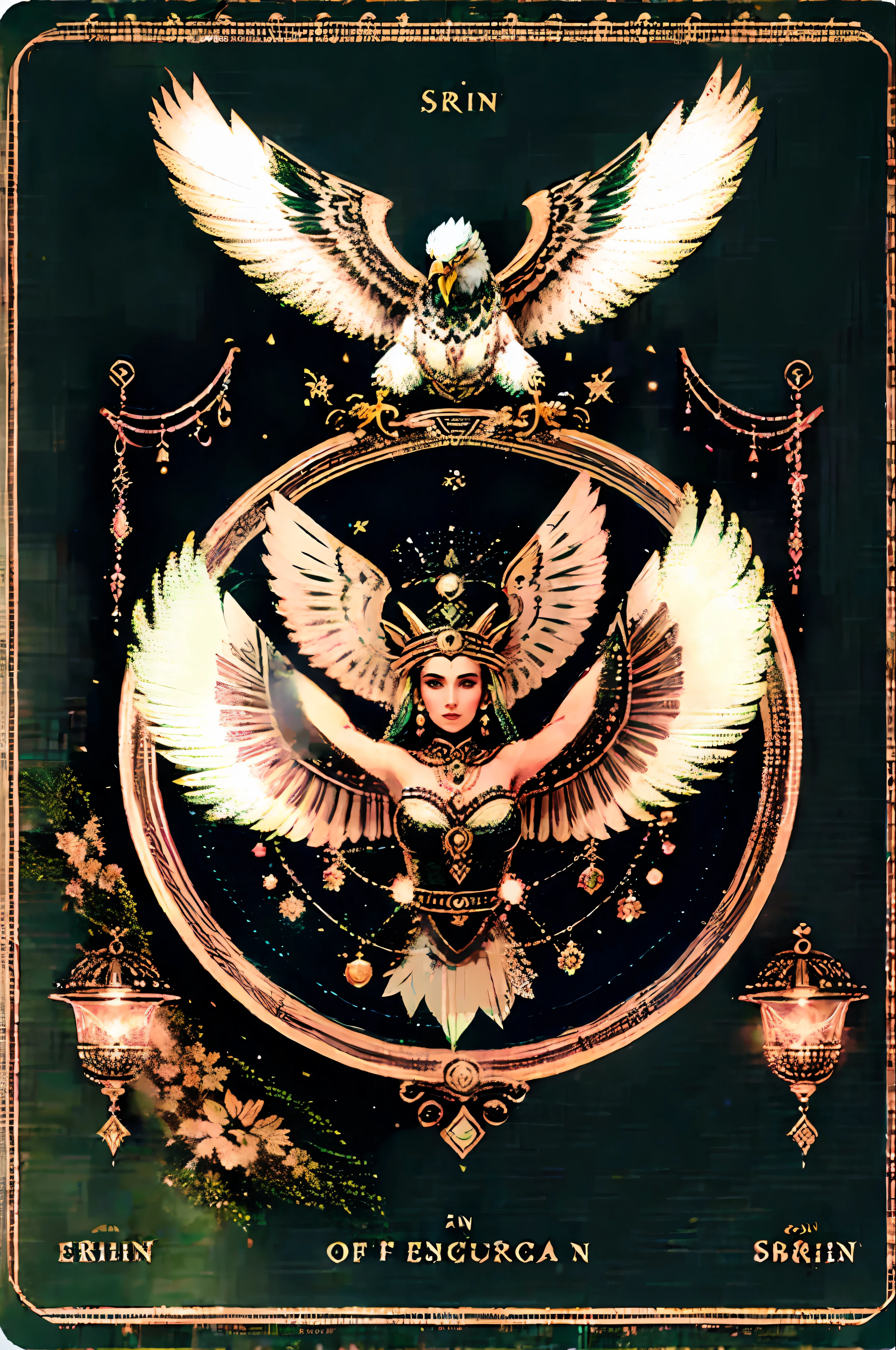 Soul card, line, (((Sirin))), (green coloured mythical woman), (with body of eagle:1.4), mythical creature, magic, mythology, folk