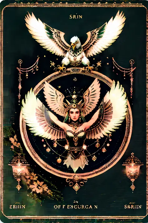 Soul card, line, (((Sirin))), (green coloured mythical woman), (with body of eagle:1.4), mythical creature, magic, mythology, fo...