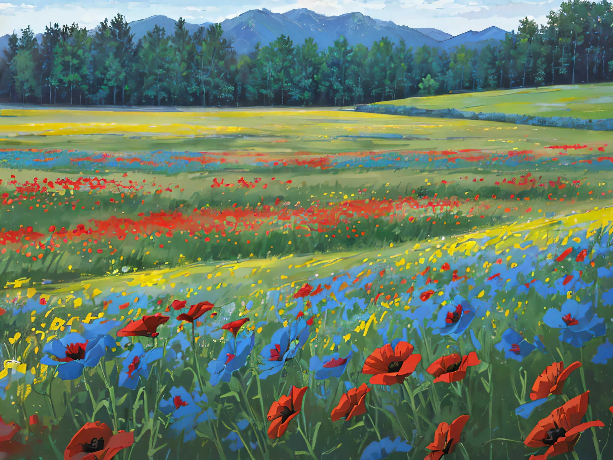 ((masterpiece)), (8k, high_resolution),(best quality), meadow, field, large field, meadow flowers and grasses, landscape, deserted, twilight, twilight, summer, Kyoani Haruh style, (meadow blue and red flowers, poppies, no trees, no forest, only meadow, only meadow with flowers), no sunflowers, no sunflowers