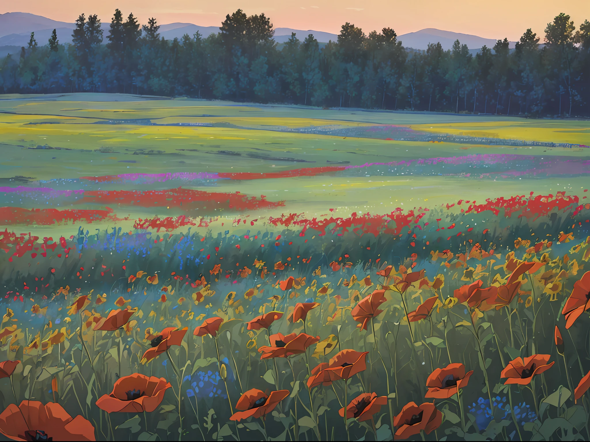 ((chef-d&#39;œuvre)), (8k, Haut_résolution),(Meilleure qualité), prairie, champ, large champ, prairie flowers and grasses, paysage, déserté, Crépuscule, Crépuscule, été, Style Kyoani Haruh, (prairie blue and red flowers, coquelicots, Pas d’arbres, Pas de forêt, only prairie, only prairie with flowers), pas de tournesols, pas de tournesols