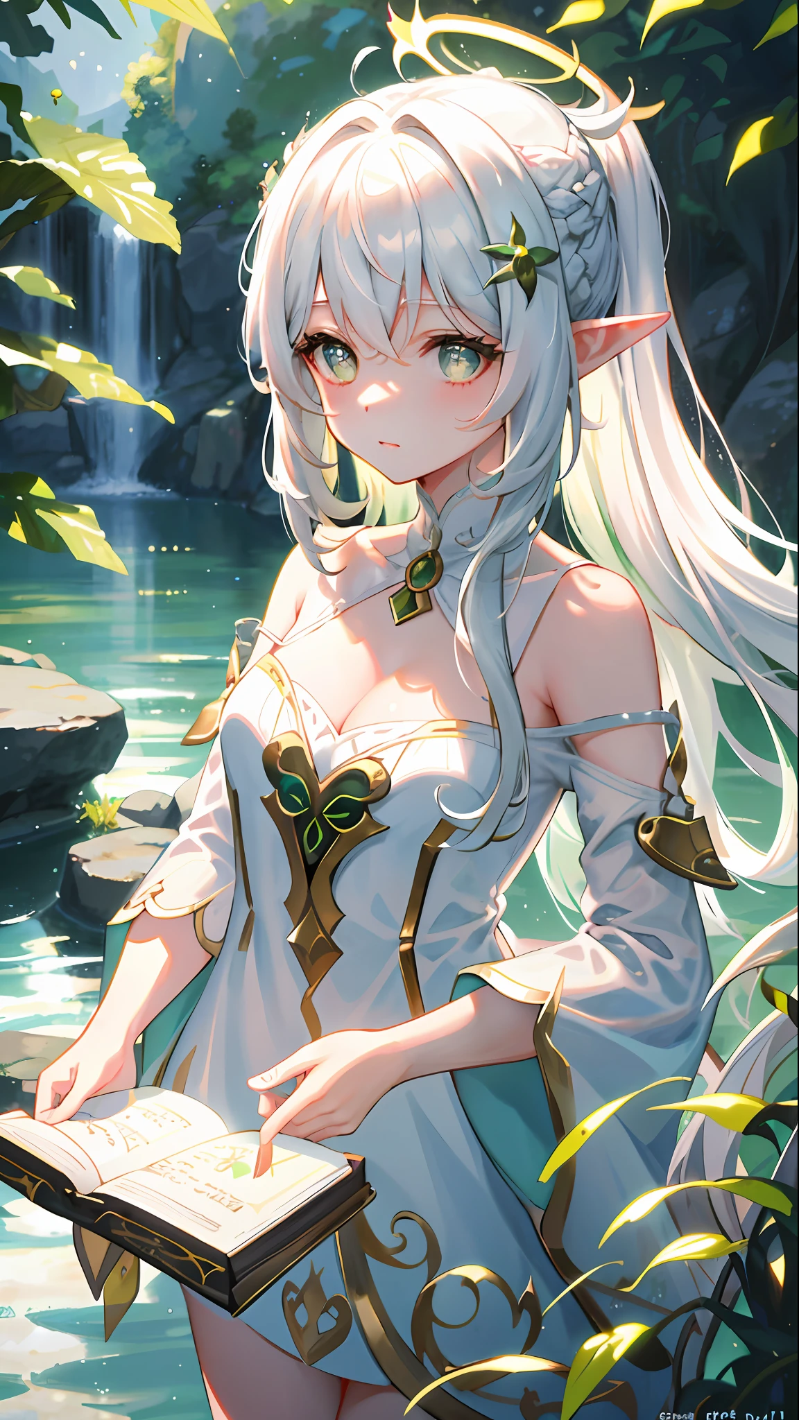 nahida\(genshin impact\), cruciform pupil, masterpiece, superb painting, Illustrations, 1 girl, cute, (dynamic light: 1.2), cinematic light, delicate facial features, (beautiful eyes: 1.2), waterfall braid, extra-long white hair, elf ears, depth of field, background bokeh, clear focus, (ultra-detailed, halo, glow: 1.4), long white hair, beautiful girly face, fair, medium, glowing body, (off-the-shoulder: 1.1), (nude: 1.1), dress, trimmed white, delicate and gorgeous, (slit sleeves, wide sleeves), cleavage