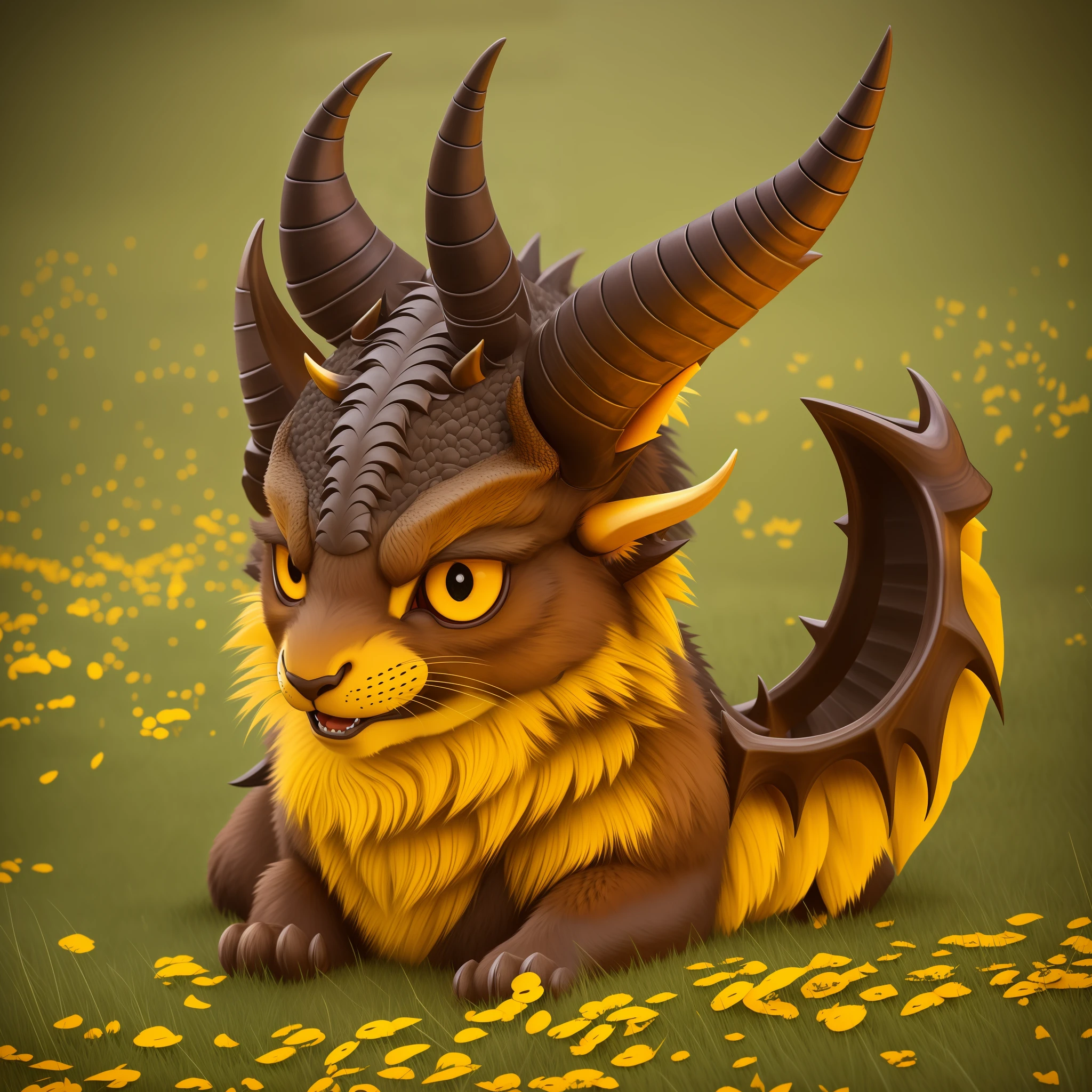 Little monster, horns, tail, dragon's head, yellow eyes, cute