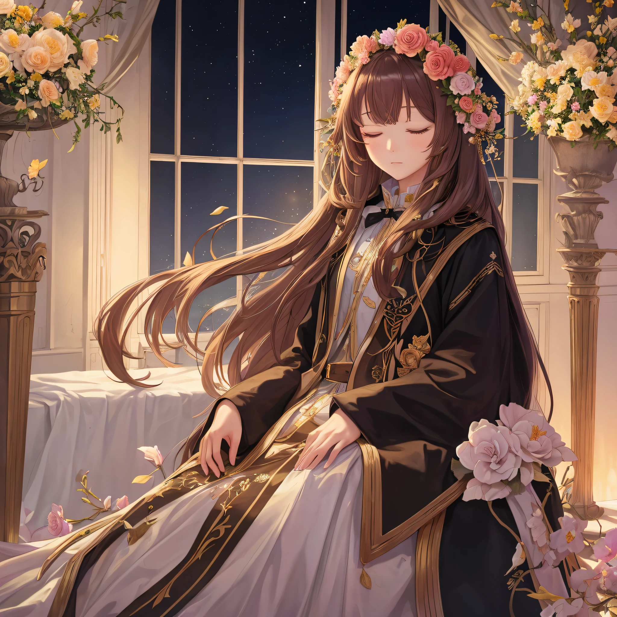 masterpiece, best quality,1girl, long hair, (glowing:1.15), (team:1.1), (flowers:1.15), (monarch:1.05), sleepy, Long coat