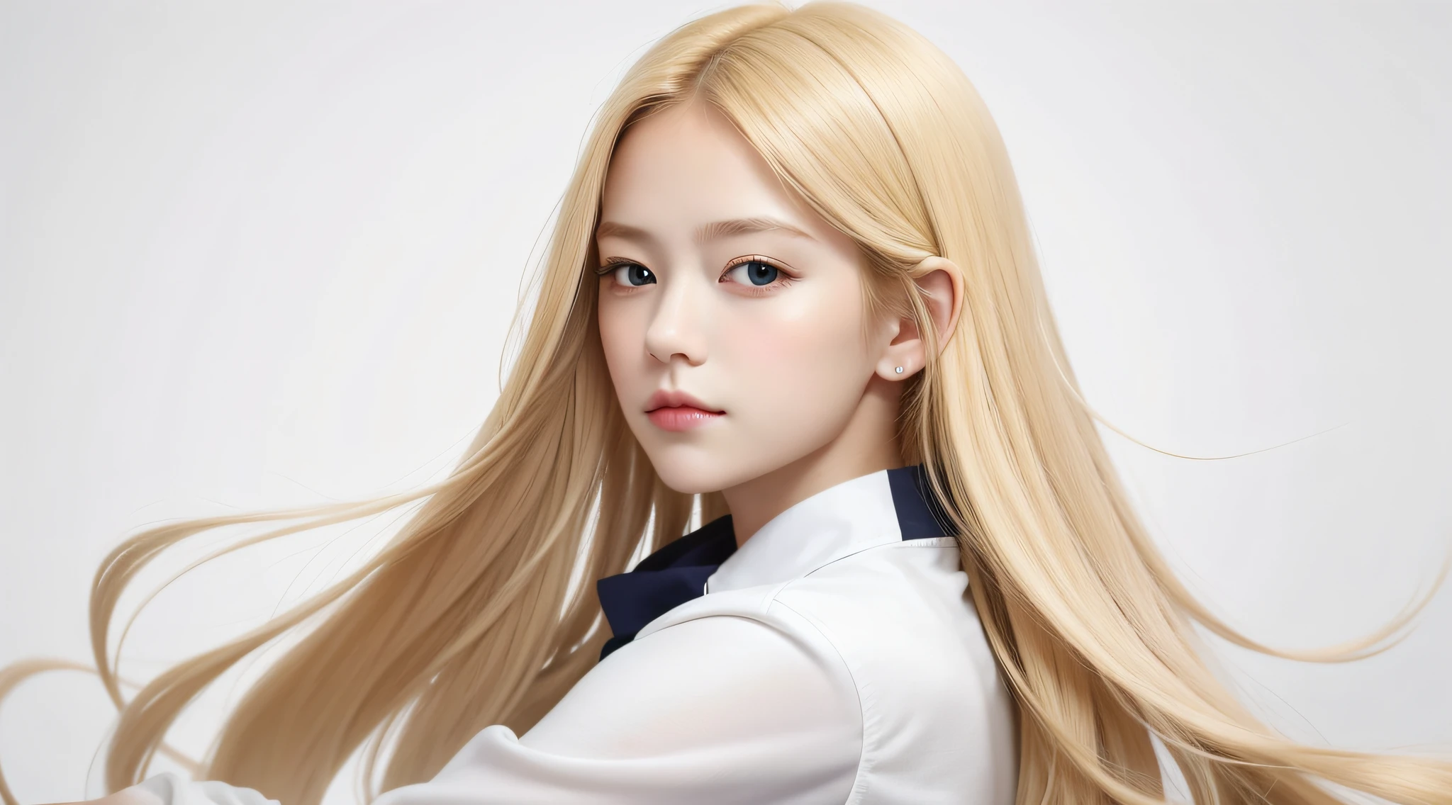 masterpiece, best quality, realistic, child girl, BLONDE hair, long hair, broad shoulders, small head, upper body, (white background: 1.3), mouth closed.