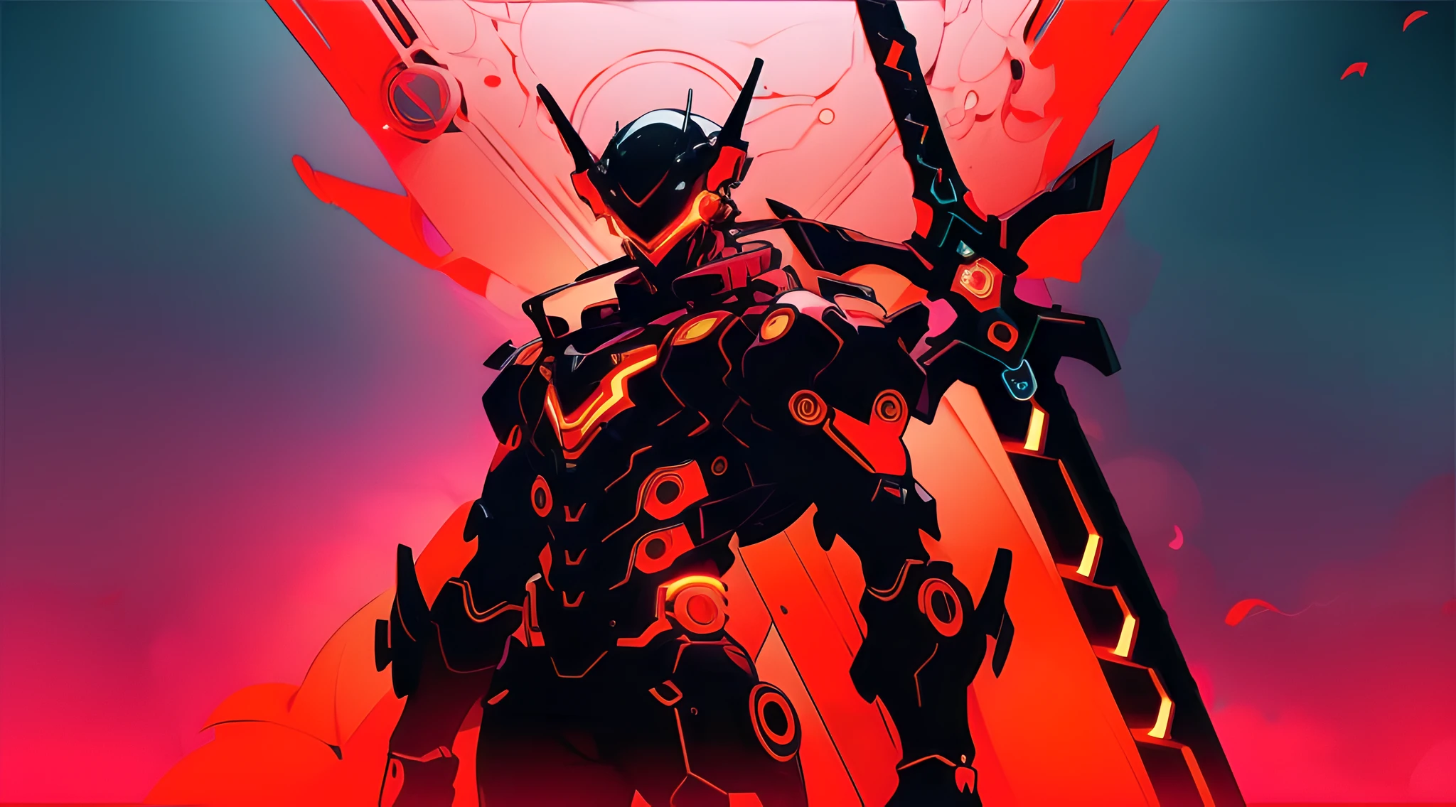 ((masterpiece)), ((best quality)), 8k, high detailed, ultra-detailed, A cool mecha wearing a V-shaped helmet, dressed in a red and black glowing mech suit, wielding a red glowing long sword, striking a combat pose. In the background, there is a elusive monster lurking in the smoky atmosphere.