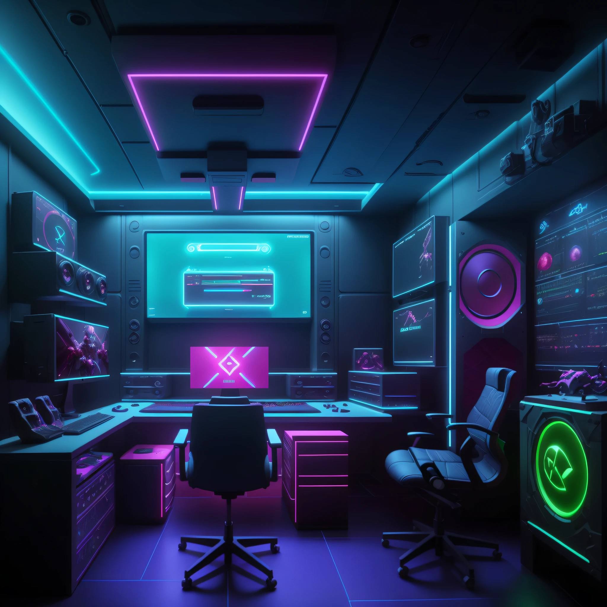 (PC configuration for gaming) inside ((scrbackrooms)),A futuristic recording studio that mimics the interior of a spaceship, with floating cameras, minimalist background with led monitors, clear environment, predominant white color, with neon details cyber punk style