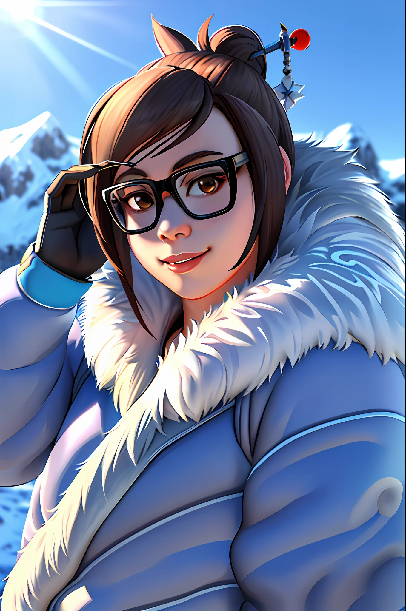 mei, confident pose, hands on hips, fur-trimmed coat, looking at the horizon, glasses, fur footwear, brown eyes, hair bun, hair stick, friendly face expression, gentle smile, antarctic background, sunlight, best quality