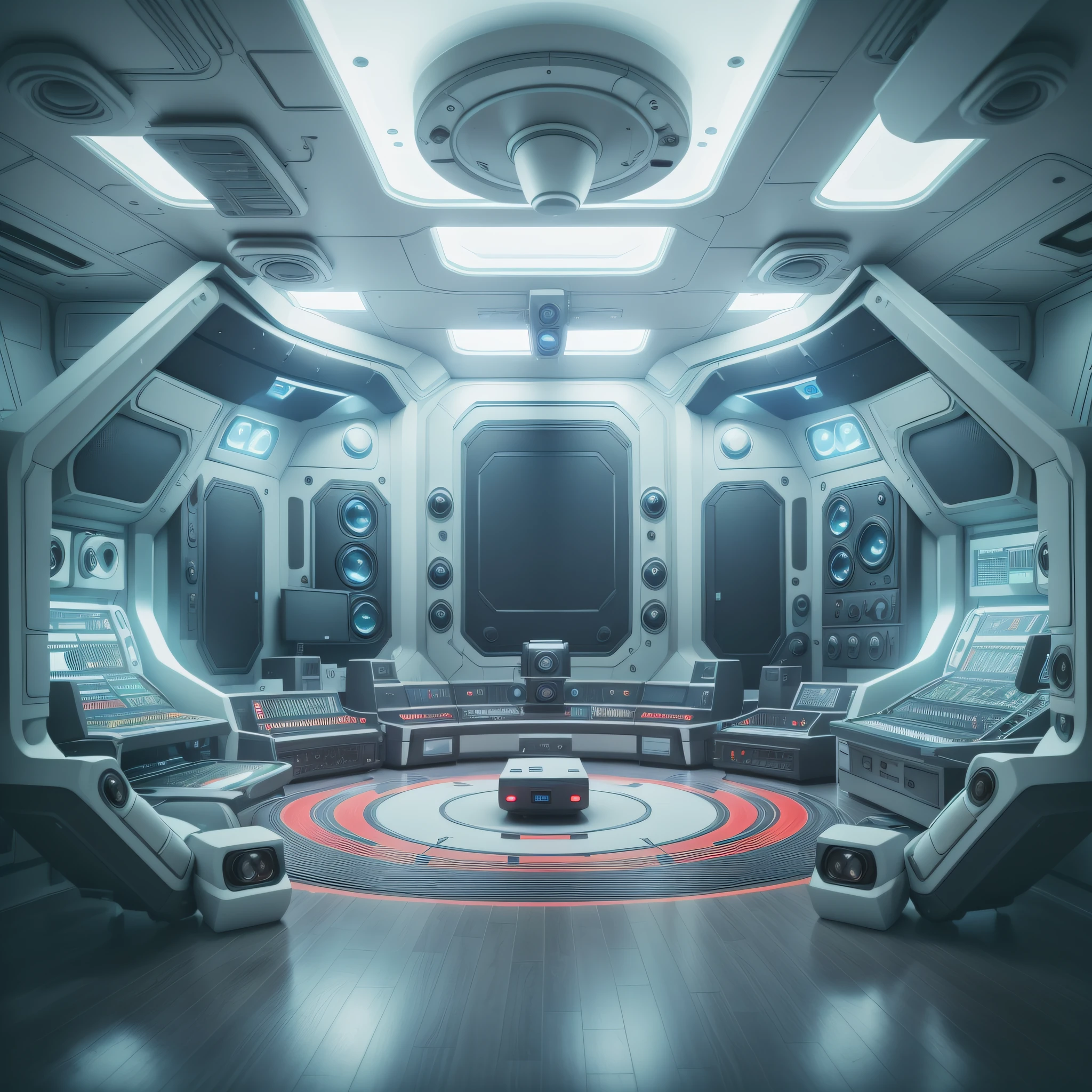 (back stage of a recording studio with a futuristic theme, which mimics the interior of a spaceship) inside ((scrbackrooms)),A futuristic recording studio that mimics the interior of a spaceship, with floating cameras, minimalist background with LED monitors, clear environment, predominant white color, with neo punk style details