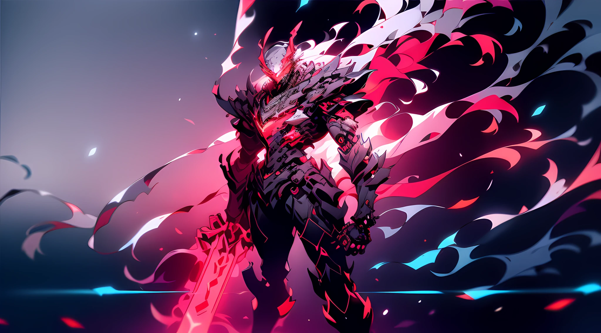 A mech, silver-white long ponytail and waist, V-shaped mechanical helmet, helmet eyes with red light, wearing a black sexy mech suit, white torn cape swaying in the wind, drawing a delicate red glowing sword, standing in the flames, huge roaring mechanical head and robotic arm in the background, lifelike, best image quality, highest definition and clarity, original, surrealism, high detail, futurism, action painting, chiaroscuro, ray tracing, motion blur, cowboy shot, battle pose drawing, Layering, full body display, cyberpunk style, close-up