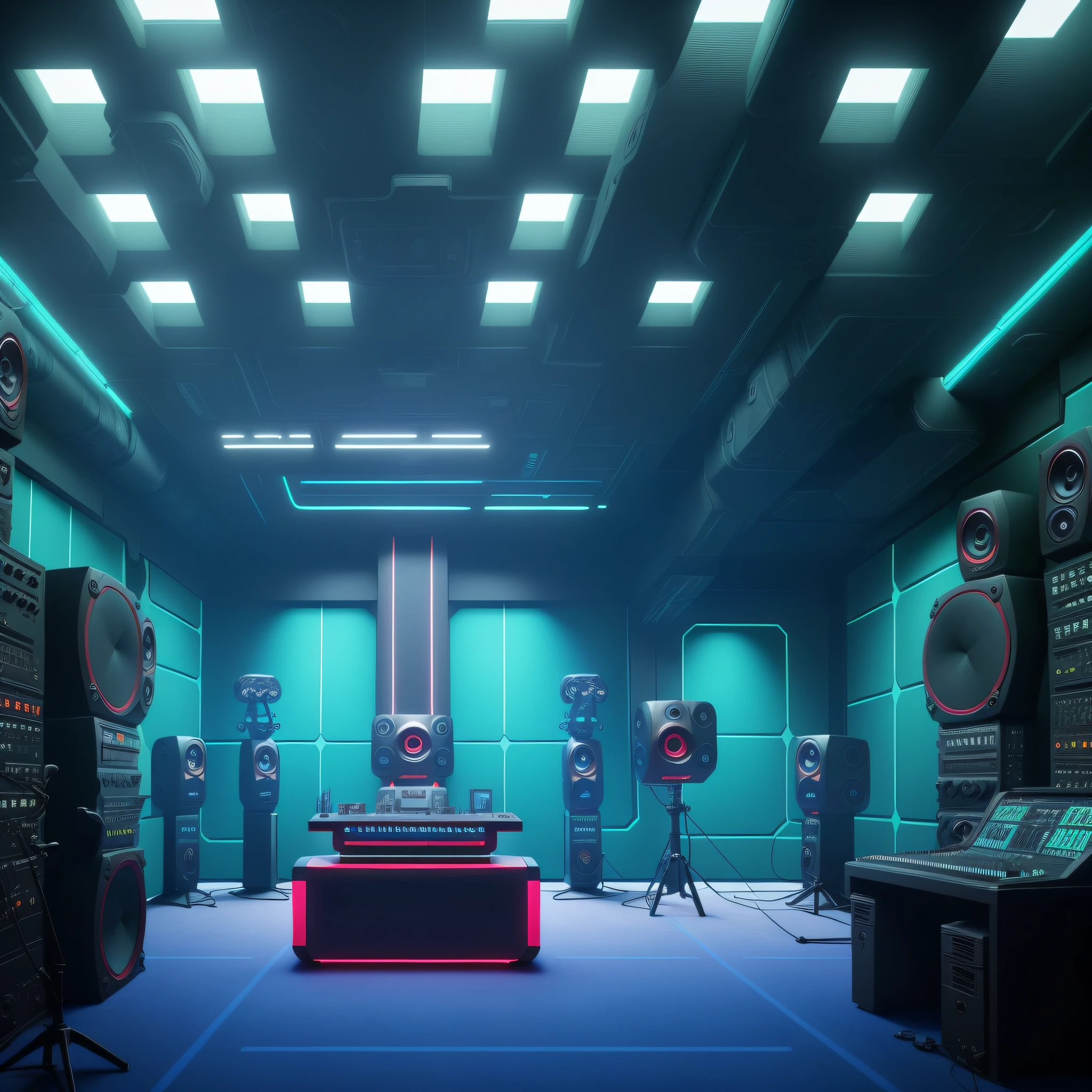(back stage of a recording studio with a futuristic theme, which mimics the interior of a spaceship) inside ((scrbackrooms)),A futuristic recording studio that mimics the interior of a spaceship, with floating cameras, minimalist background with LED monitors, clear environment, predominant white color, with neo punk style details