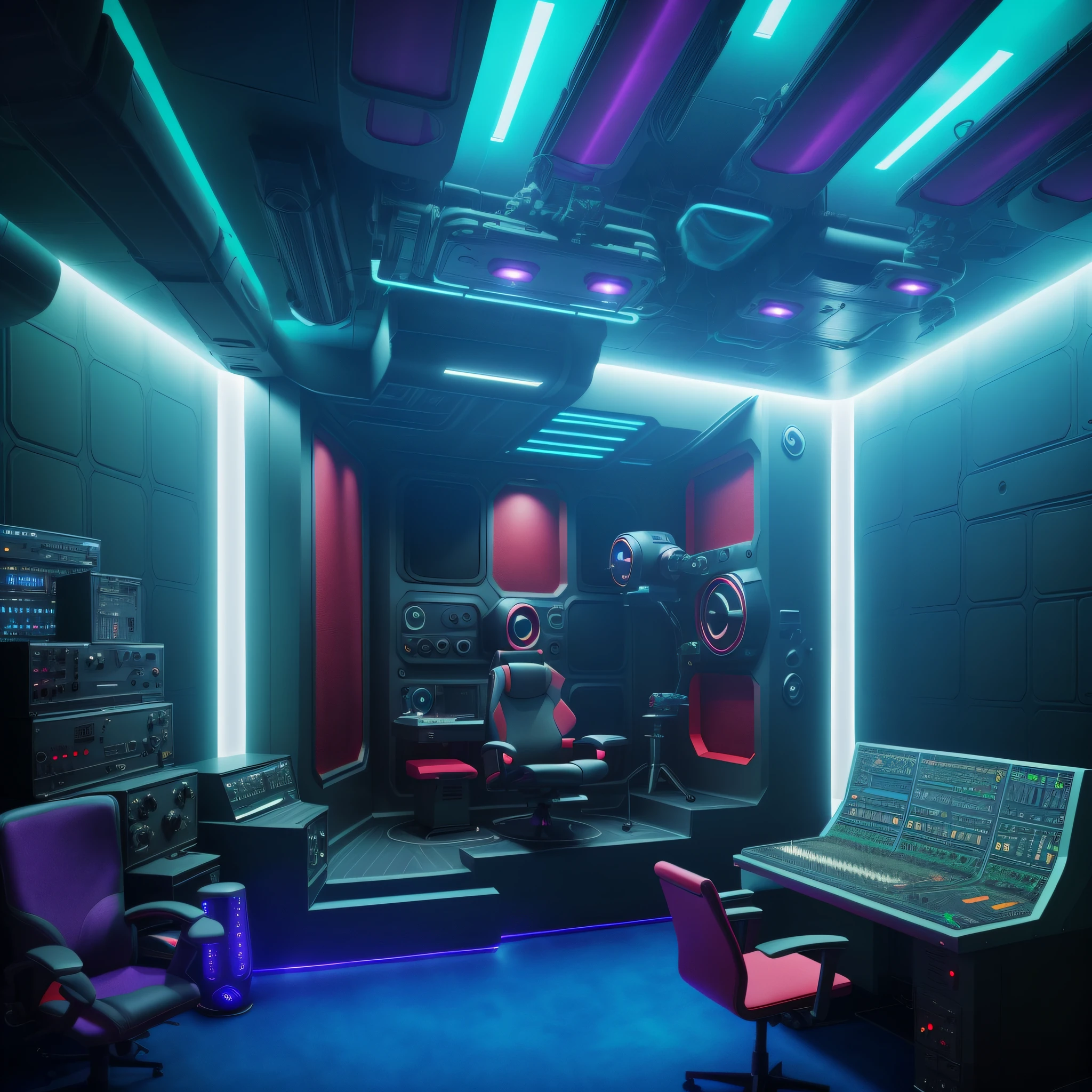 (back stage of a recording studio with a futuristic theme, which mimics the interior of a spaceship) inside ((scrbackrooms)),A futuristic recording studio that mimics the interior of a spaceship, with floating cameras, minimalist background with LED monitors, clear environment, predominant white color, with neo punk style details