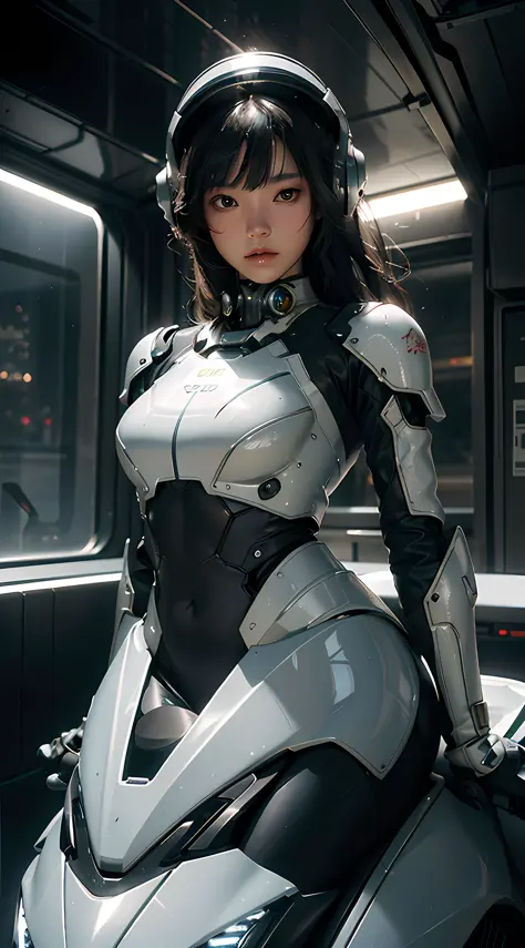 Highest image quality, outstanding detail, ultra-high resolution, (fidelity: 1.4), the best illustration, favor details, highly condensed 1girl, with a delicate and beautiful face, wearing a mecha in platinum, wearing a mecha helmet, holding a direction co...