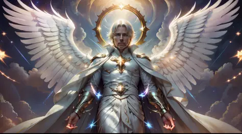 Archangel Gabriel, male figure, wrapped in a simple white gown, dark hair, looking 45 years old, (((descending from the heavens ...