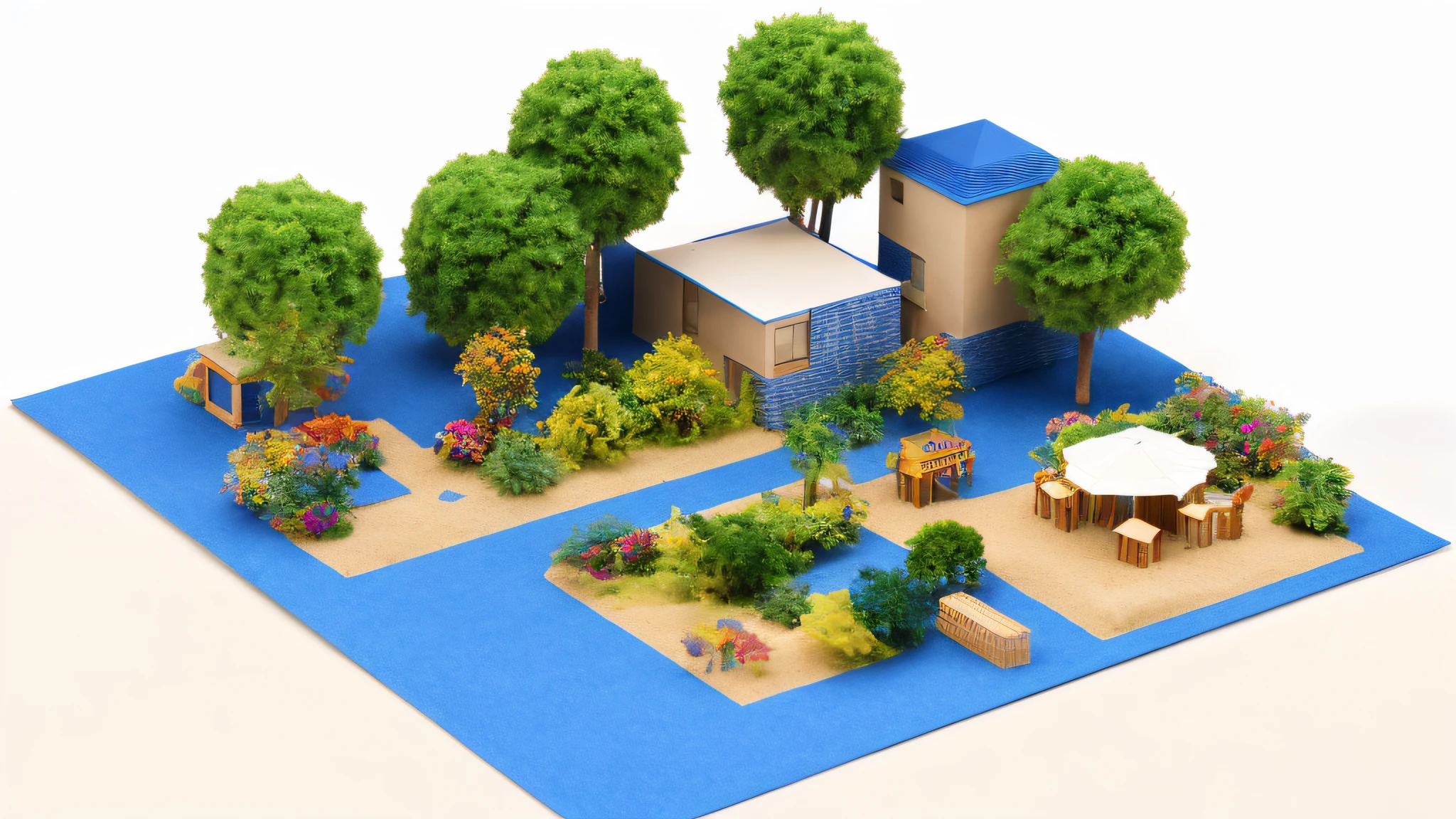 Desktop ornaments, nursing home sand table model, interactive model, map layout, house, pavilion, chess and card room, garden, room, outdoor interactive sand table model, isometric style, accurate 120 degrees, poly art, stylized 3D rendering, sand table model, 3D stylized scene